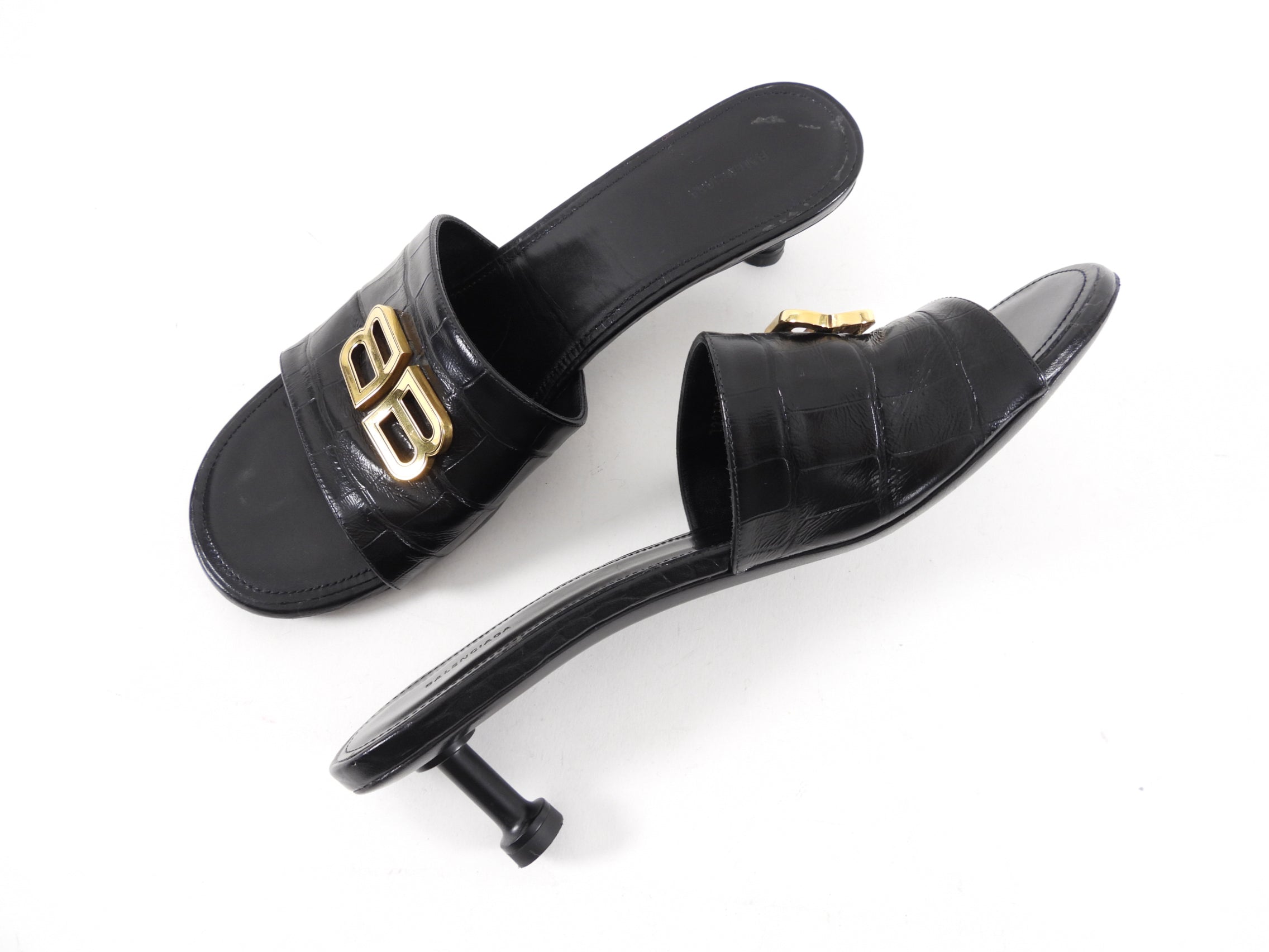 Balenciaga Black Embossed Leather BB Mules - Women's Designer Slip-On Shoes Size 40 | Luxury Comfort for Casual Outings & Office Wear