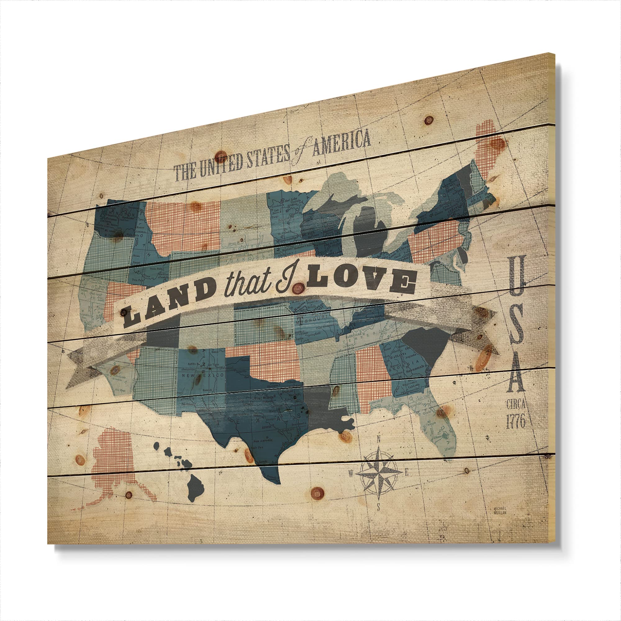 American Map Watercolor Wood Wall Art - Traditional Blue Wooden Wall Decor, Large Pine Wood Wall Panels with Printed US Map - Perfect for Living Room, Bedroom & Office Decoration
