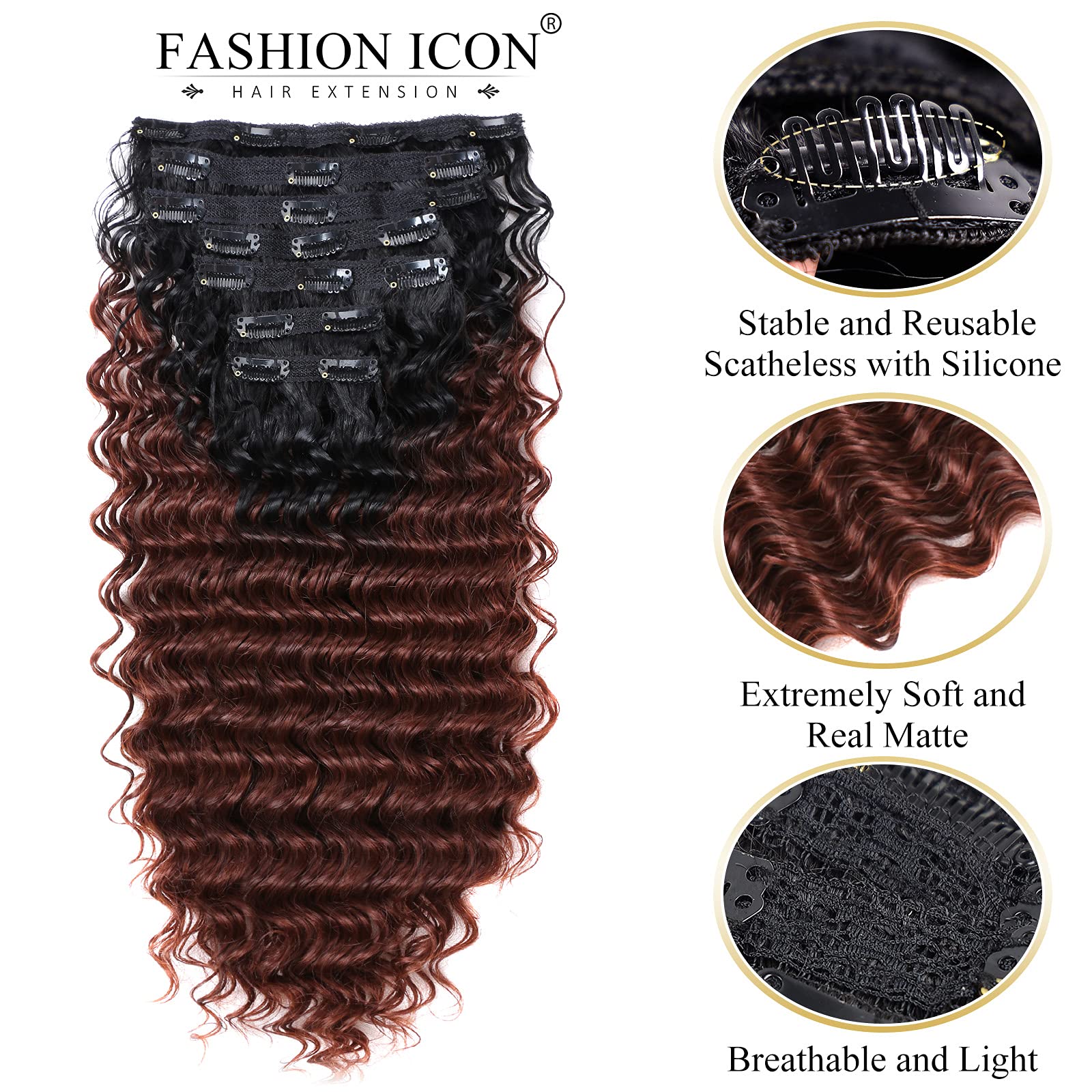24 Inch Deep Wave Clip-In Hair Extensions - Human Hair Feel, Double Weft, Thick Ombre Synthetic Hairpiece for Women - Natural Looking (T1B/33) | Perfect for Parties, Weddings & Everyday Styling