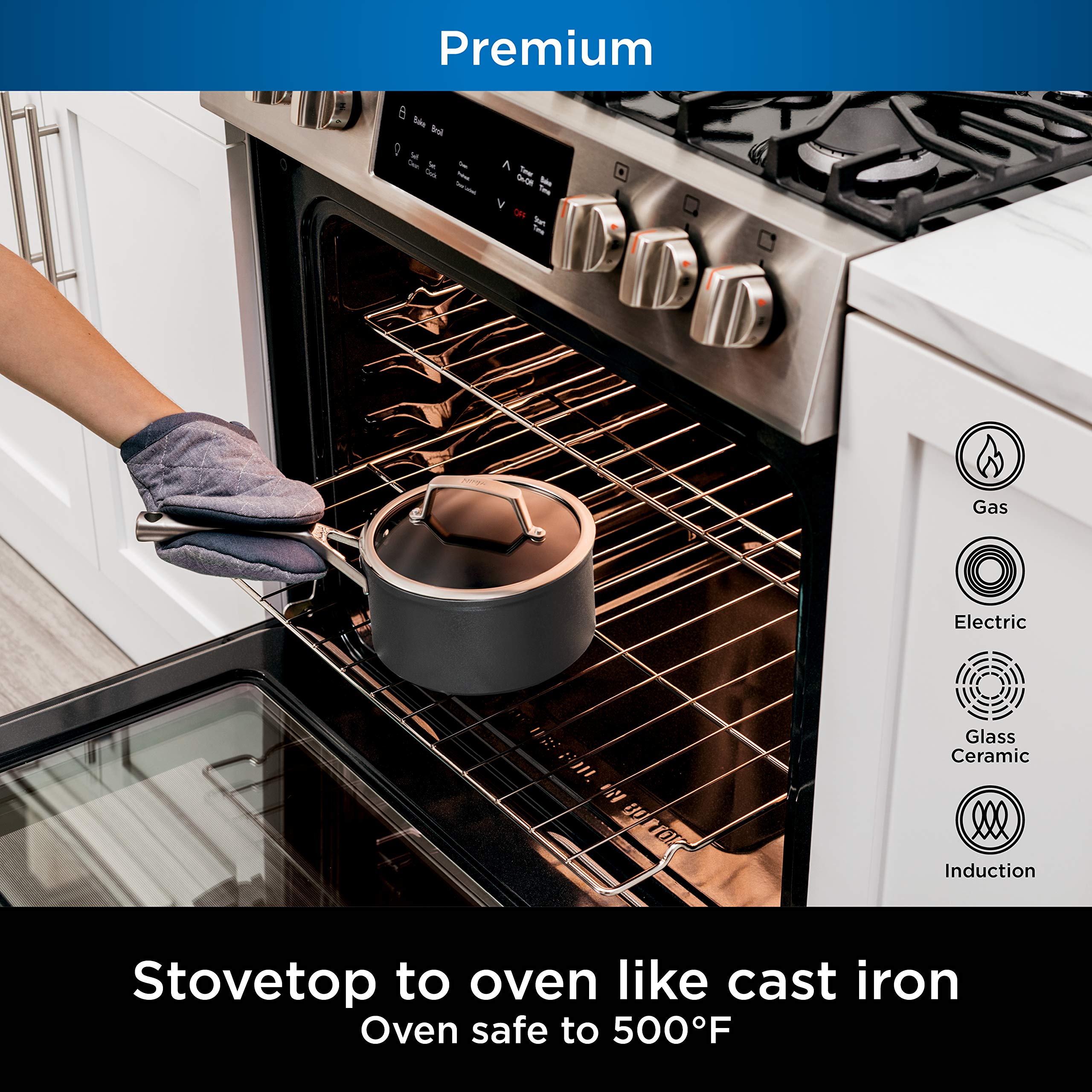 Ninja Foodi NeverStick Premium 3.5-Quart Saucepan with Glass Lid - Hard-Anodized Nonstick Cookware, Oven Safe to 500°F, Durable & Scratch-Resistant, Slate Grey - Perfect for Boiling, Simmering, and Cooking Sauces, Pasta, and Vegetables