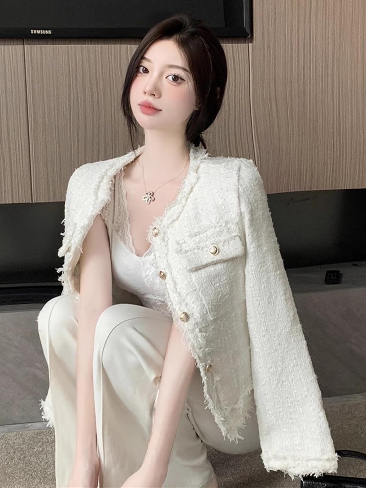 Elegant Women's Plaid Tweed Blazer - Long Sleeve Cropped Jacket for Office Work | Open Front Design, Professional Business Attire, Perfect for Meetings, Interviews and Corporate Events