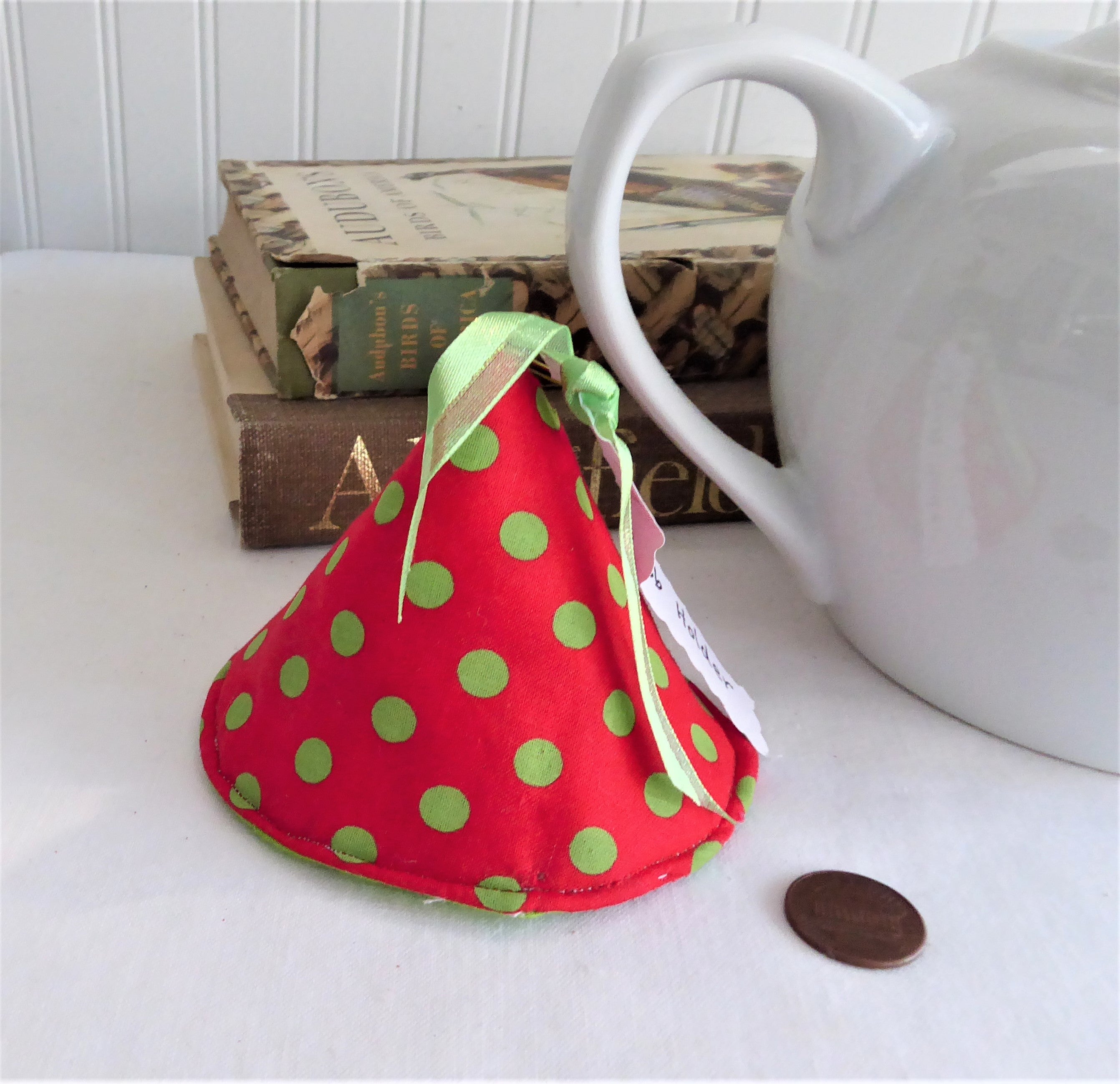 Red and Green Polka Dot Teapot Knob Holder - Padded with White and Green Polka Dots Inside - Perfect for Hot Teapots, Kettles, and Kitchen Safety Accessories