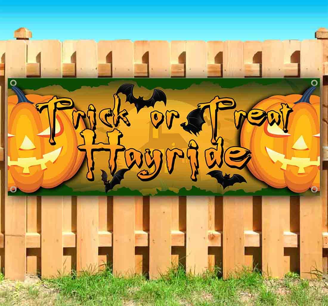 Trick or Treat Hayride Banner - 13 oz Heavy-Duty Vinyl Halloween Decoration with Metal Grommets | Single-Sided Non-Fabric Banner for Halloween Party, Fall Festival, Haunted House & Outdoor Decor