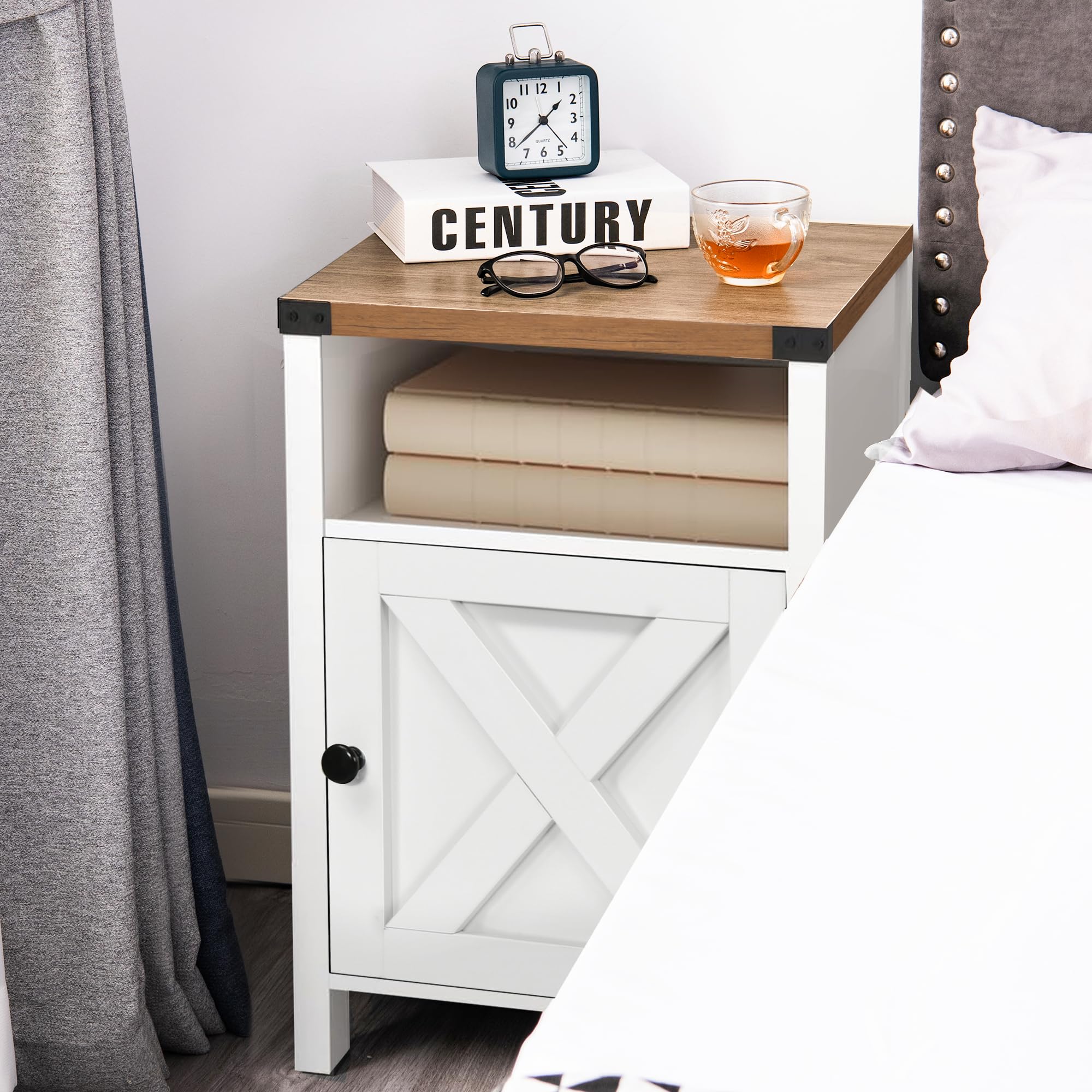 Farmhouse End Table Set of 2 - Rustic Night Stand with Barn Door & Storage Shelf - White Side Table for Bedroom, Living Room - Perfect for Farmhouse Decor & Small Space Storage