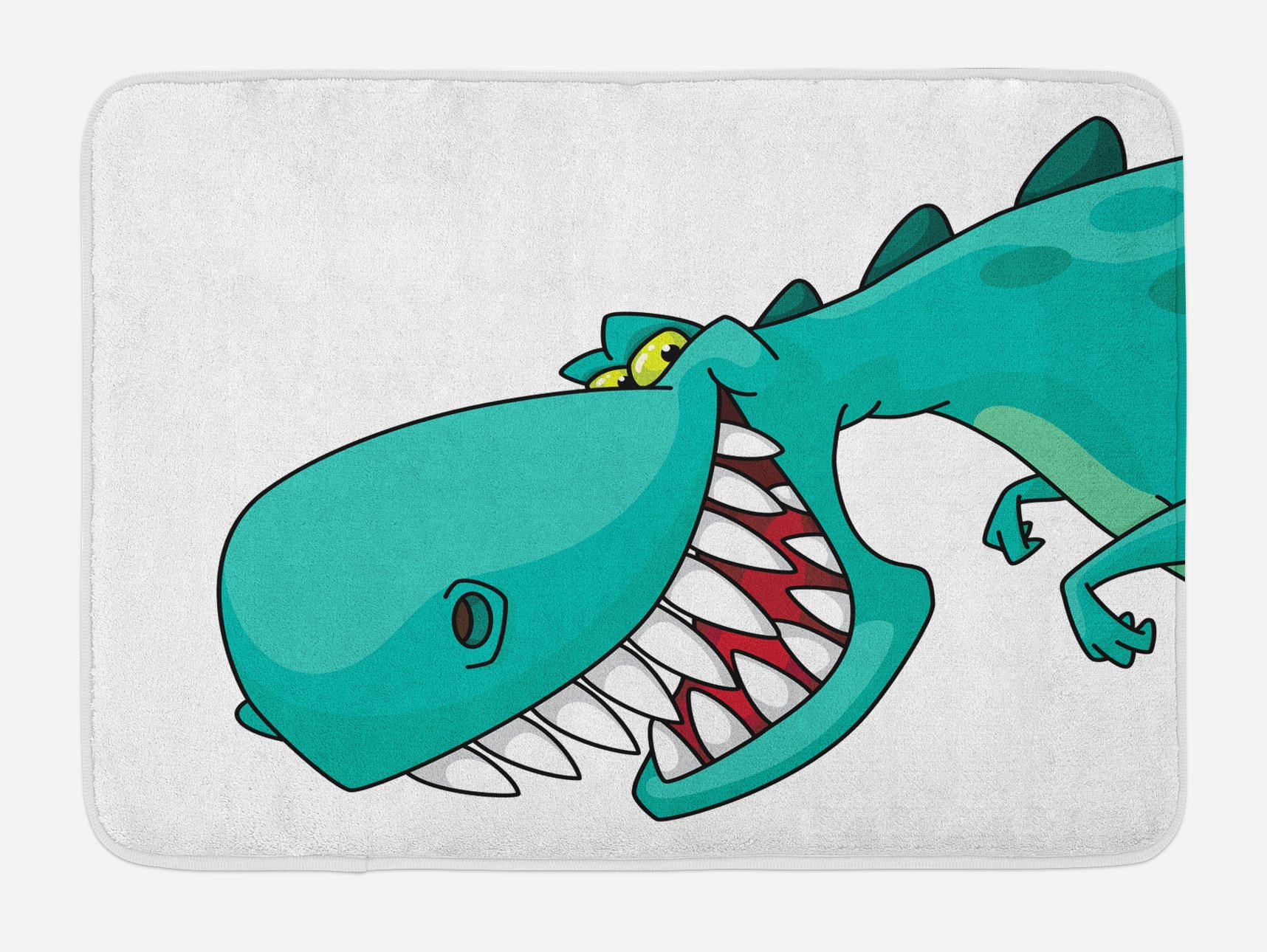 Dinosaur Bath Mat with Non-Slip Backing - Soft Plush Bathroom Rug, Cute Smiling Dinosaur Design in Turquoise, White & Red - 30.2 x 20 Inches - Perfect for Kids' Bathroom, Nursery Decor or Dinosaur-Themed Room