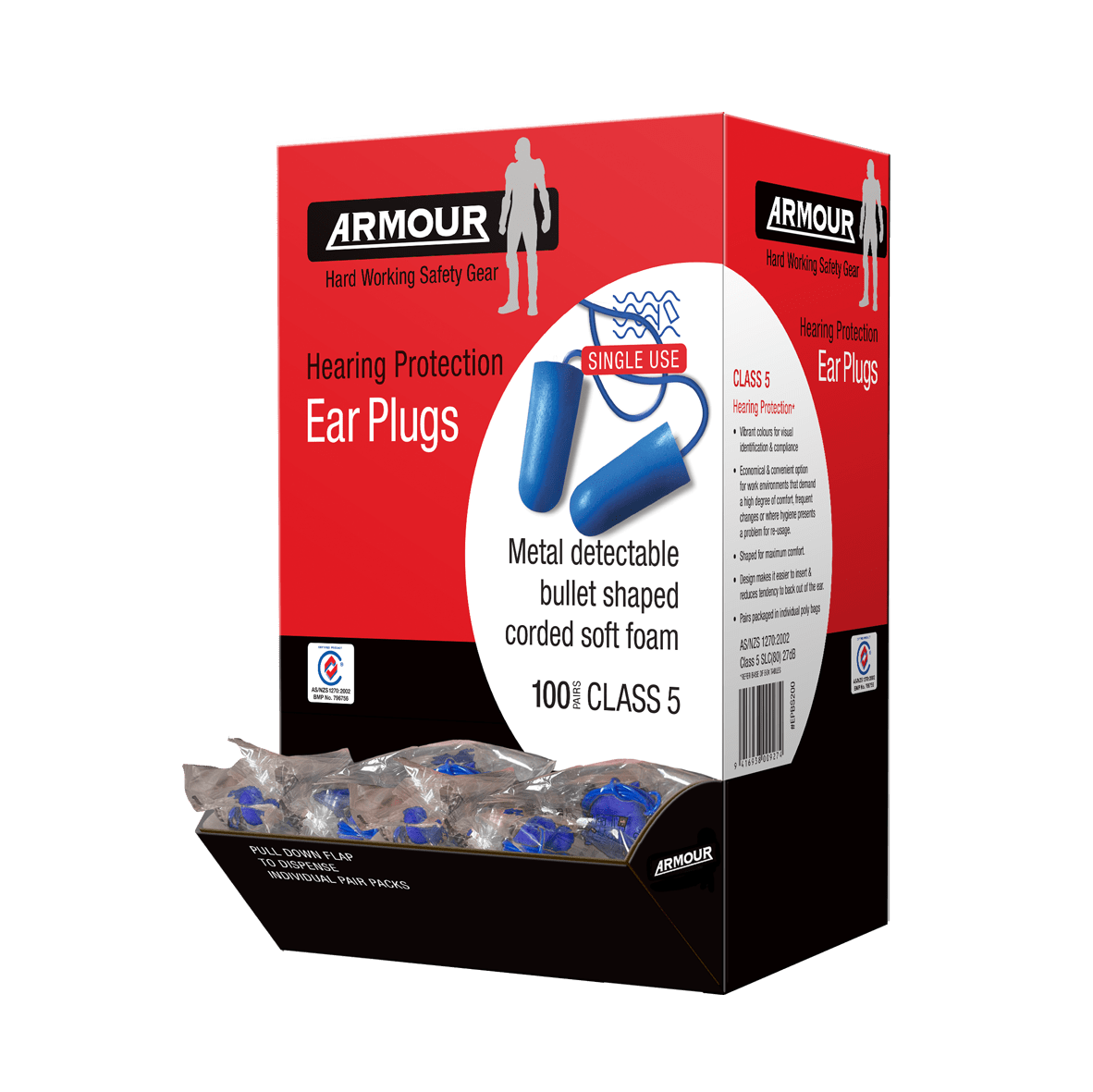Armour Bullet Ear Plugs - Class 5 Metal Detectable Corded Hearing Protection (100 Pack) - Ideal for Shooting Range, Construction & Industrial Safety