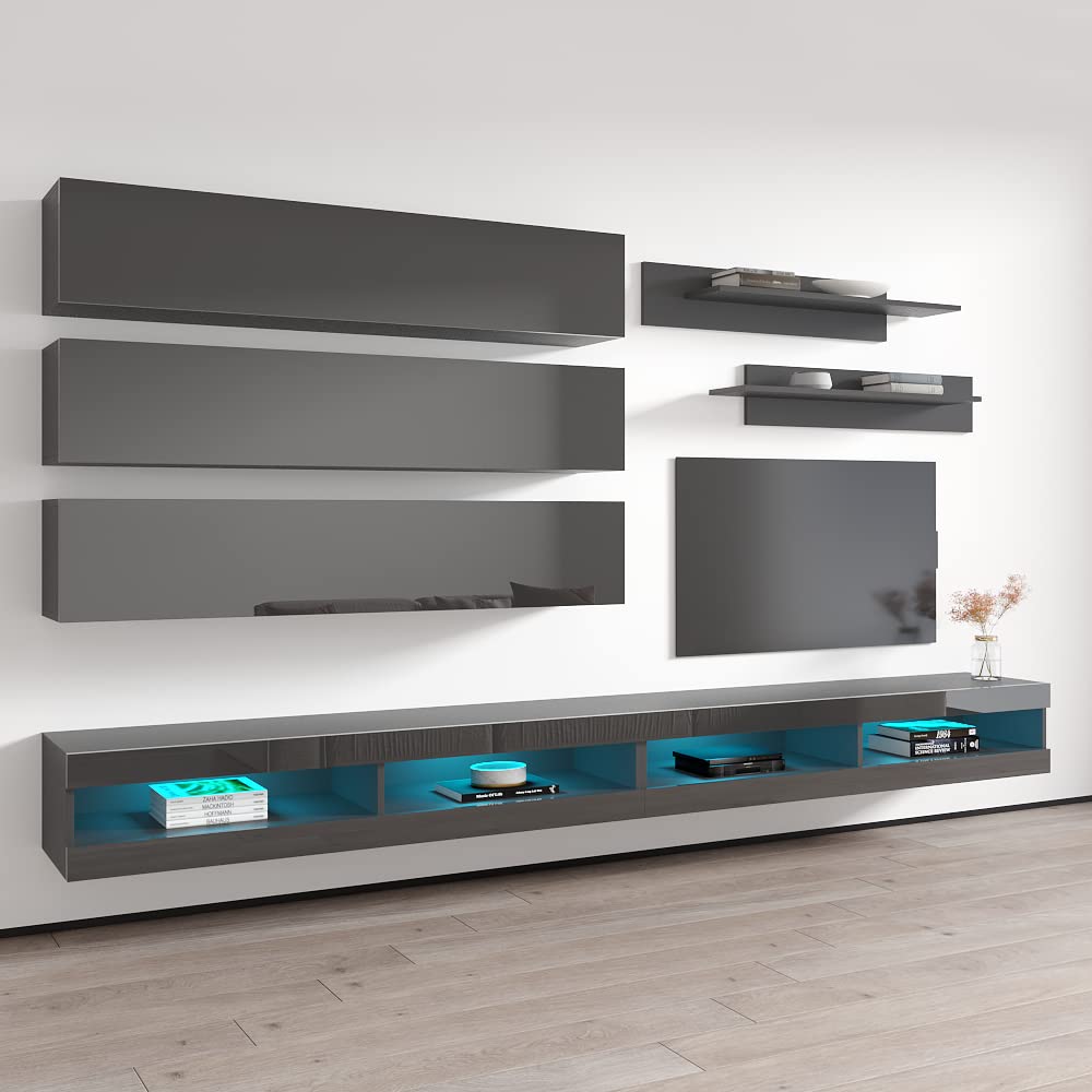 Modern Gray Wall-Mounted TV Stand with Storage Shelves & LED Lights - Floating Entertainment Center Console for Living Room & Bedroom - Meble Furniture Fly J1 34TV Stand - Perfect for Small Spaces, Apartments, and Home Theater Setups