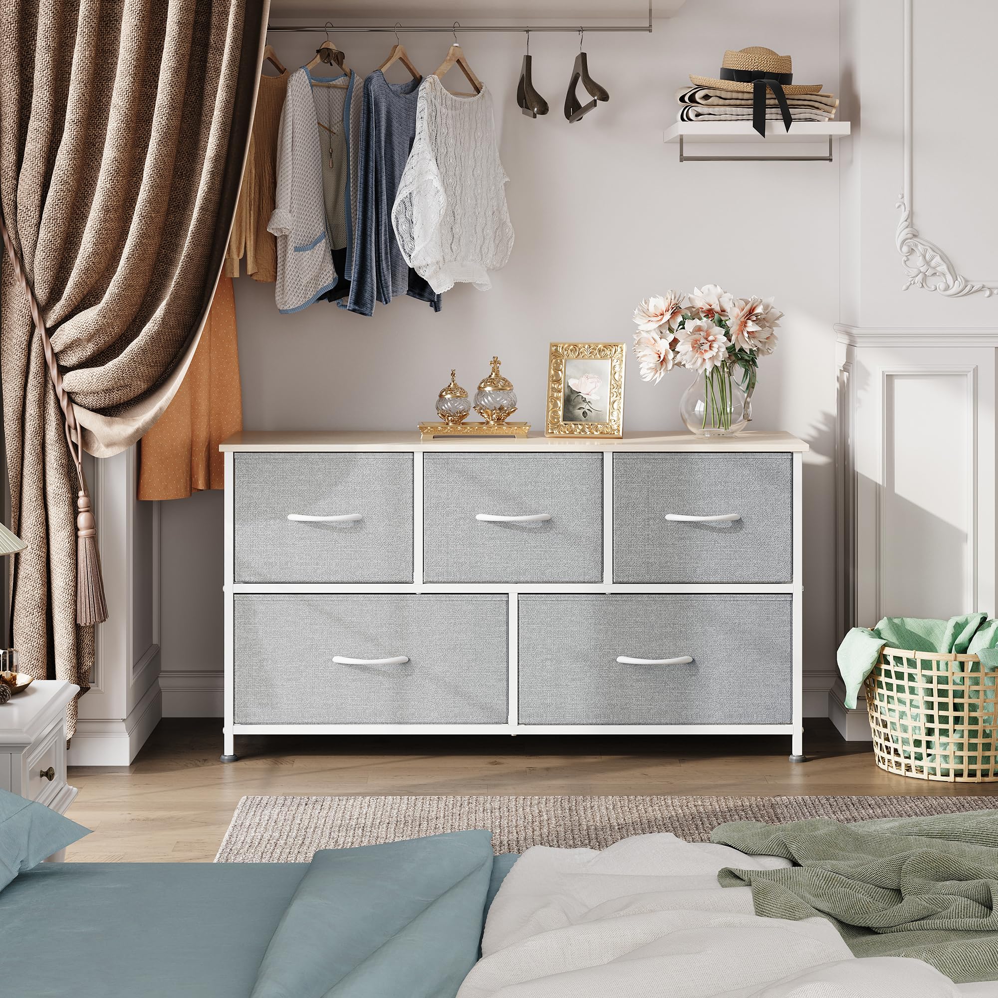 5-Drawer Fabric Dresser for Bedroom - Light Grey Storage Organizer with Fabric Bins, Wide Chest of Drawers for Closet, Living Room & Hallway | Perfect for Small Space Organization & Home Decor