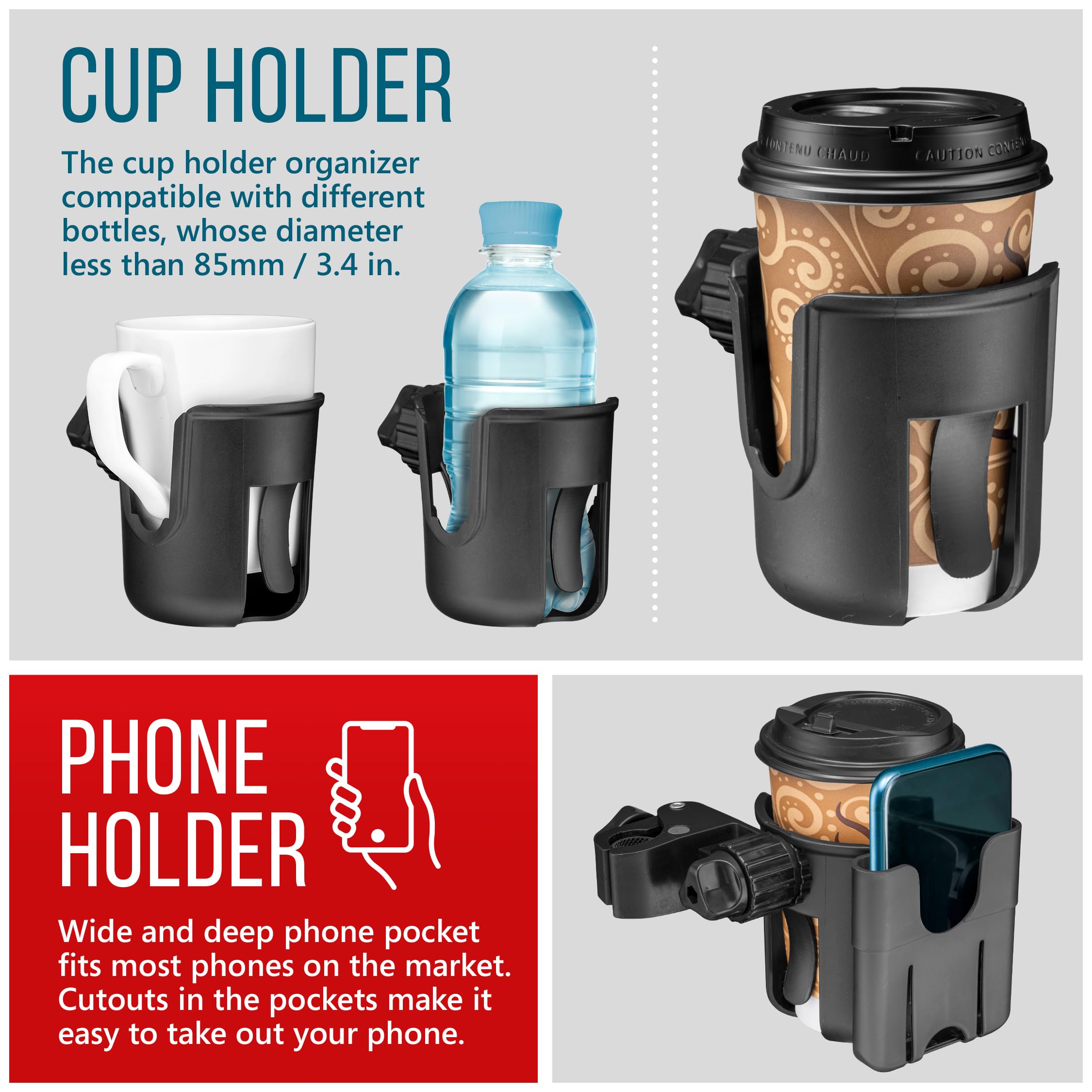 2-in-1 Clamp-On Wheelchair Cup Holder & Phone Mount - Adjustable Drink & Smartphone Caddy for Mobility Scooters & Wheelchairs - Perfect for Outdoor Activities, Travel & Daily Use