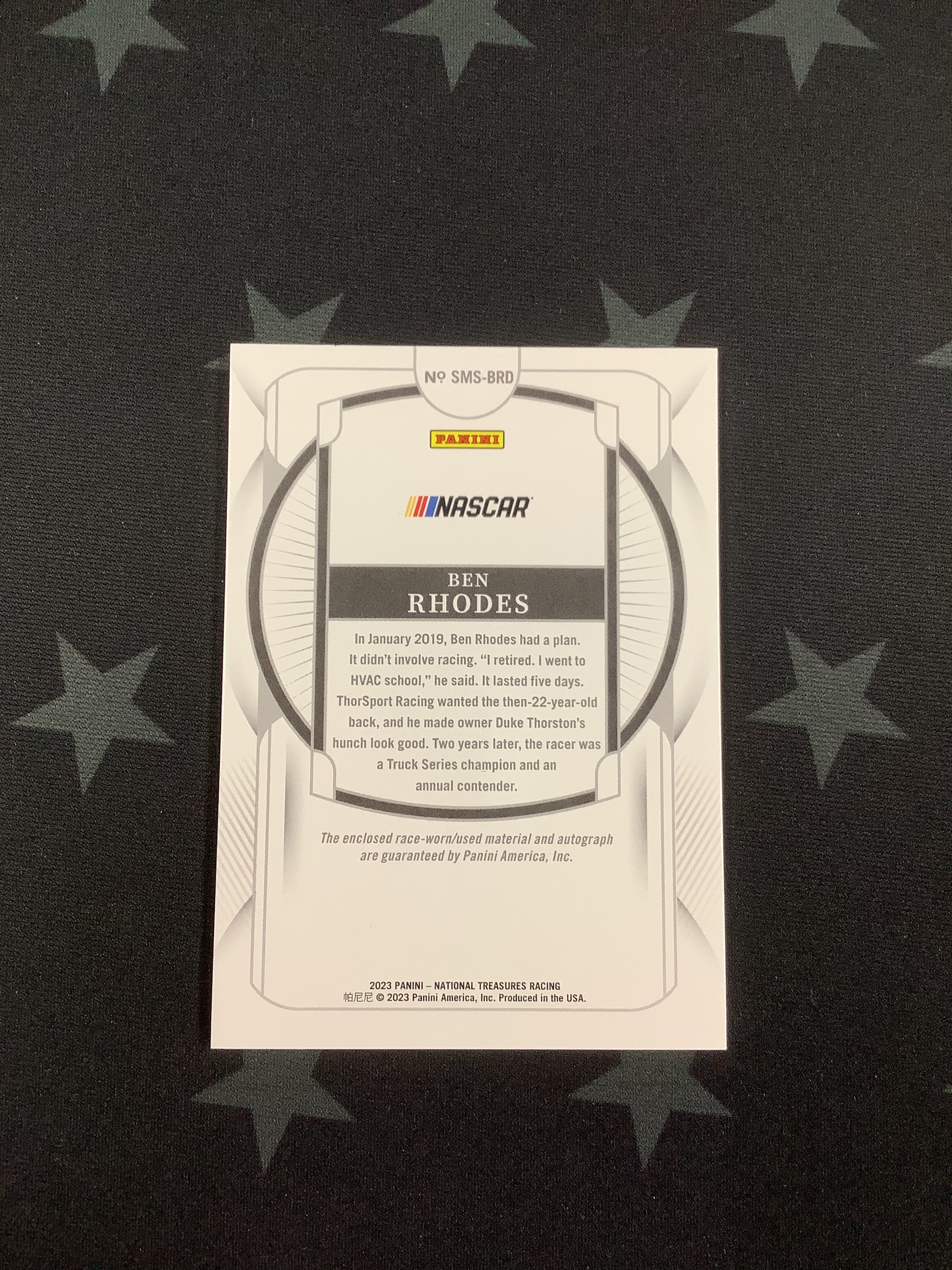 2023 Panini National Treasures Racing Ben Rhodes Autograph Card #SMS BRD /99 - Rare Collectible for NASCAR Fans & Sports Memorabilia Enthusiasts