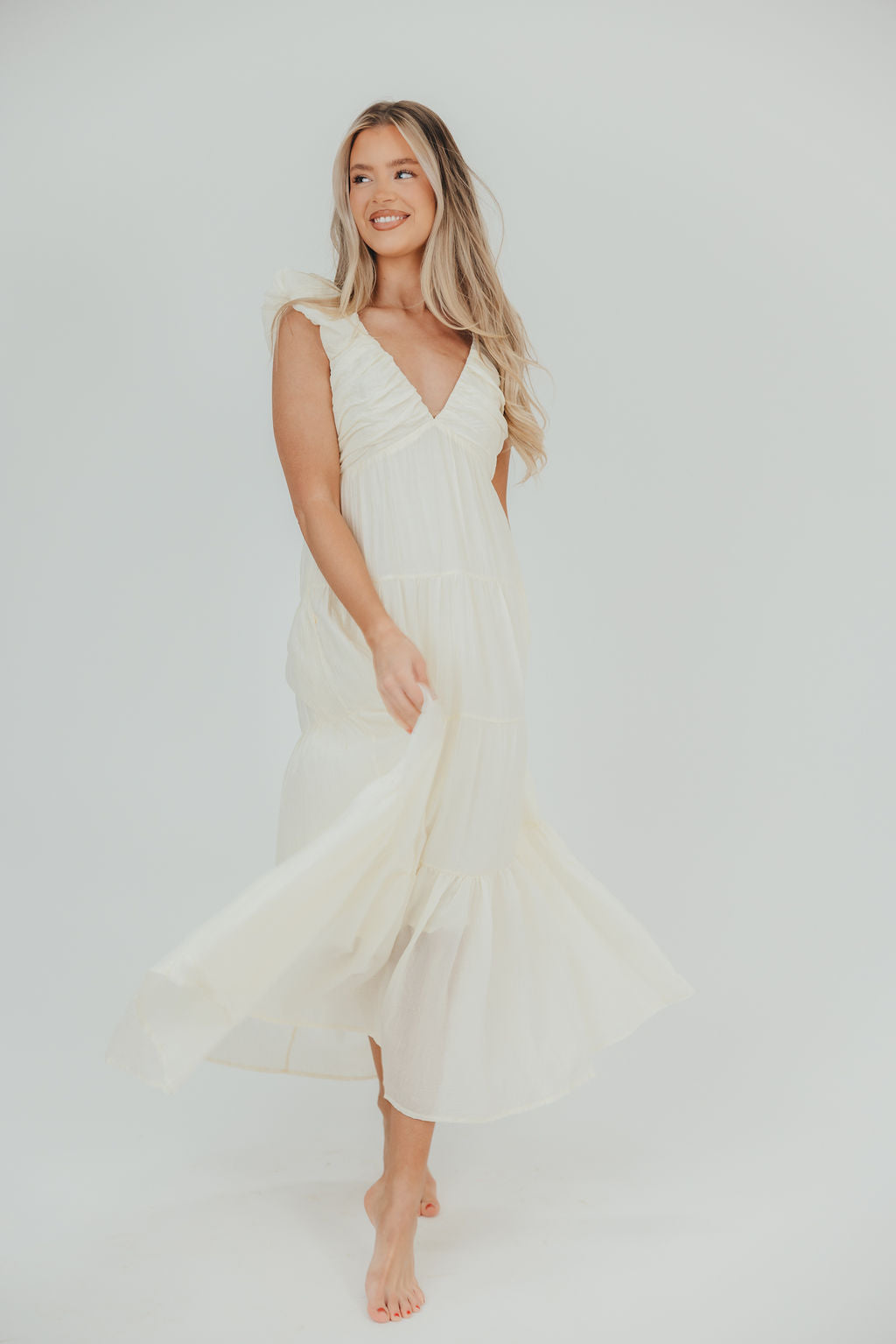 Katy Pleated Bodice Midi Dress in Cream | Bump Friendly Maternity Dress | Perfect for Baby Showers, Weddings & Special Occasions