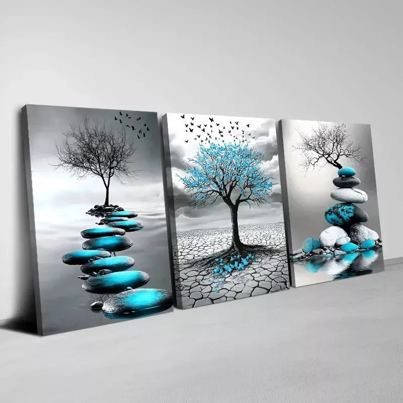 3-Piece Abstract Blue Leaves & Stones Dry Land Wall Art Set - Framed Canvas 50x70cm | High Quality Print | 100% Australian Made | Ready to Hang | Perfect for Living Room, Bedroom & Office Decor