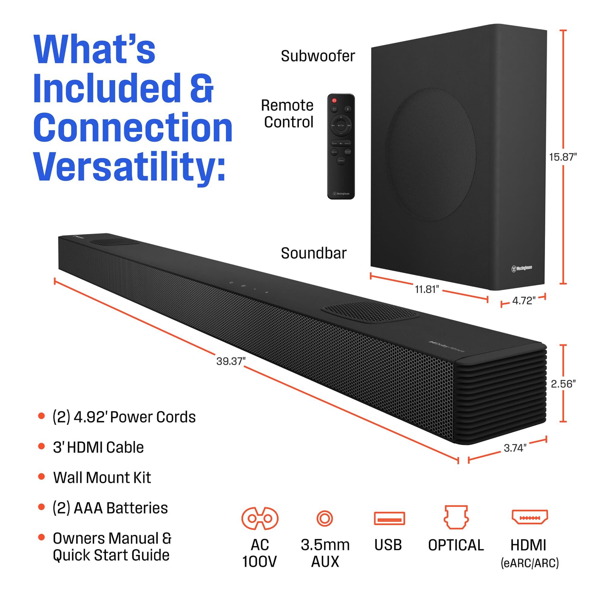 Westinghouse 5.1.2 Channel Soundbar with Wireless Subwoofer - 200W Dolby Atmos Surround Sound System for Smart TV & Home Theater | Bluetooth, Roku TV Ready | Perfect for Movie Nights & Gaming
