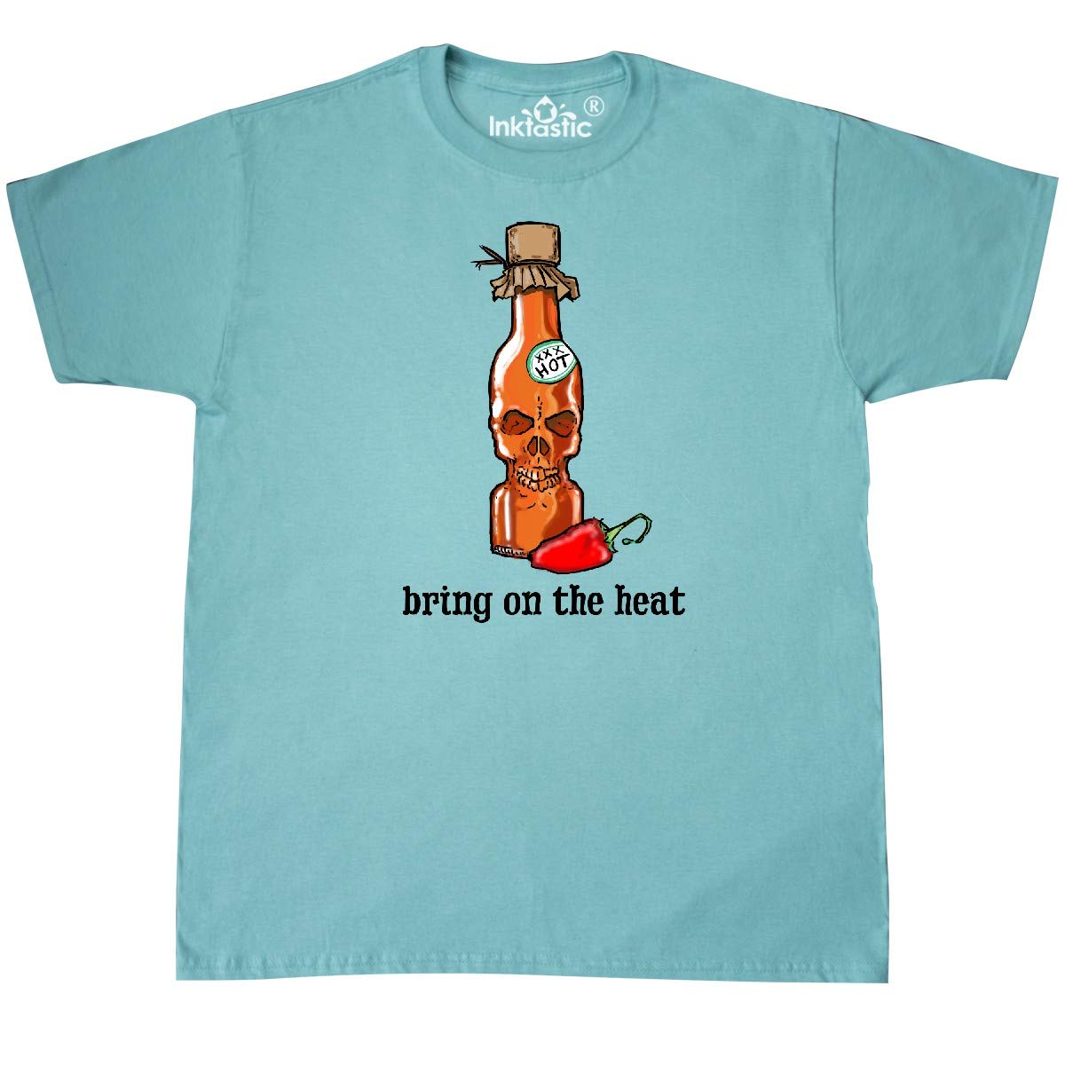 Inktastic Bring on The Heat Skull Bottle and Pepper Graphic T-Shirt for Men & Women | Cool Casual Tee for Summer, Parties, and Everyday Wear