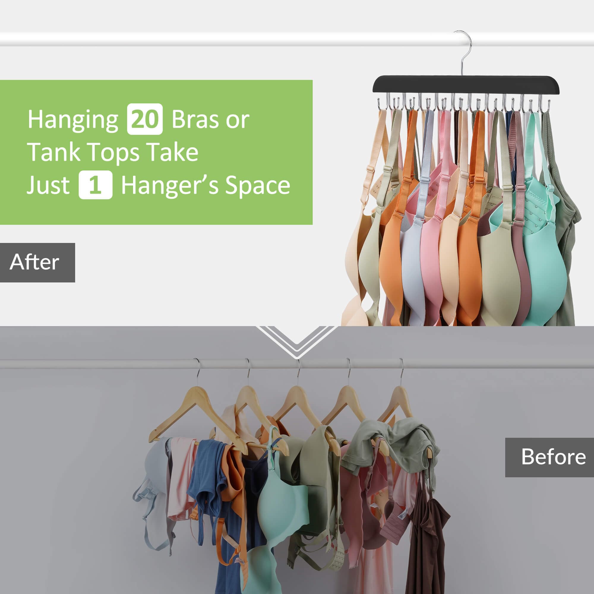 Sturdy Wooden Bra Hanger with 20 Hooks - Space Saving Closet Organizer for Sports Bras, Tank Tops & Underwear - Black (1 Pack) | Perfect for Bedroom, Dorm & Travel Storage
