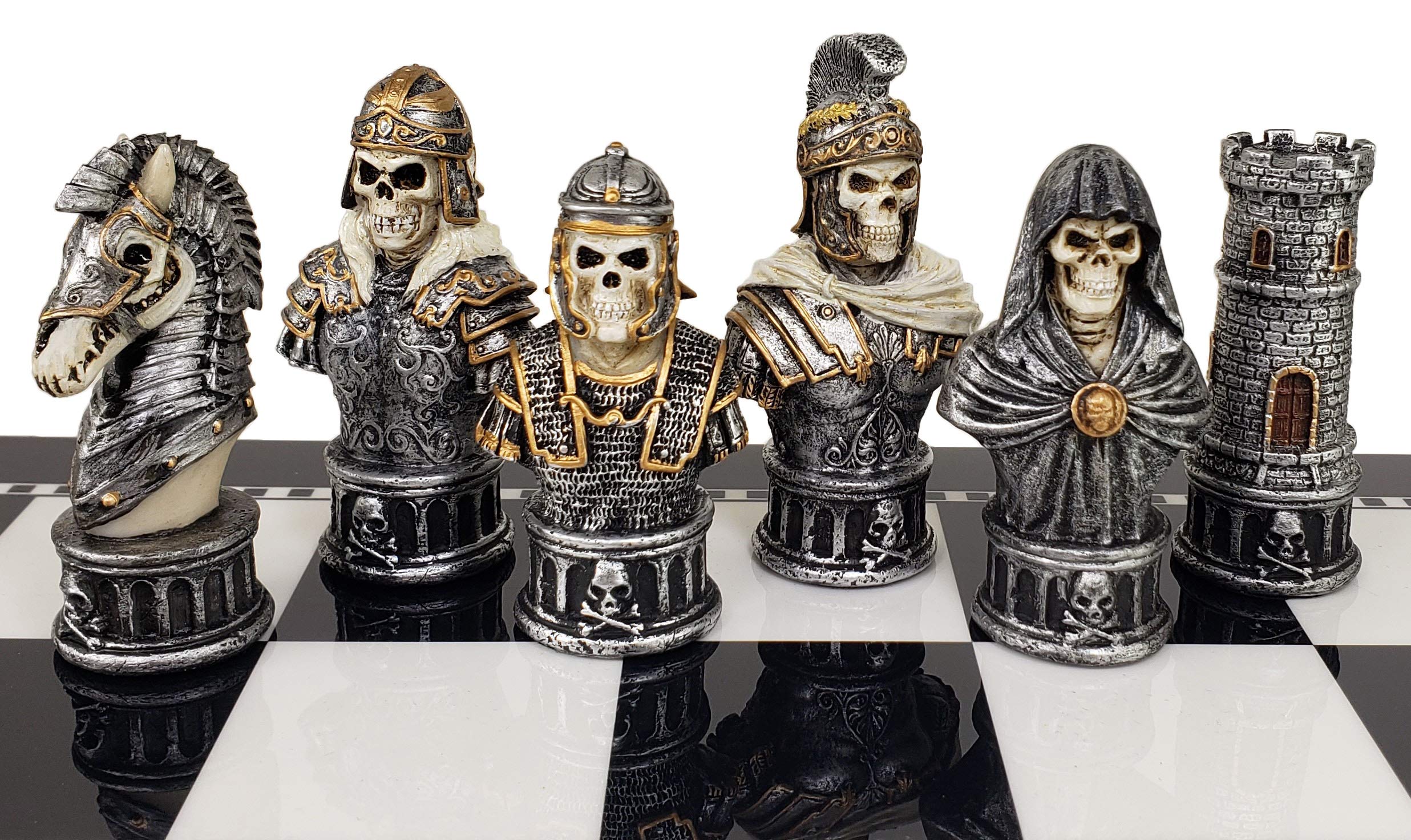 Medieval Gothic Fantasy Skeleton Chess Set with 17-inch Black & White Storage Board - Skull Busts Decor for Game Nights, Halloween Party & Dark Aesthetic Home Decor