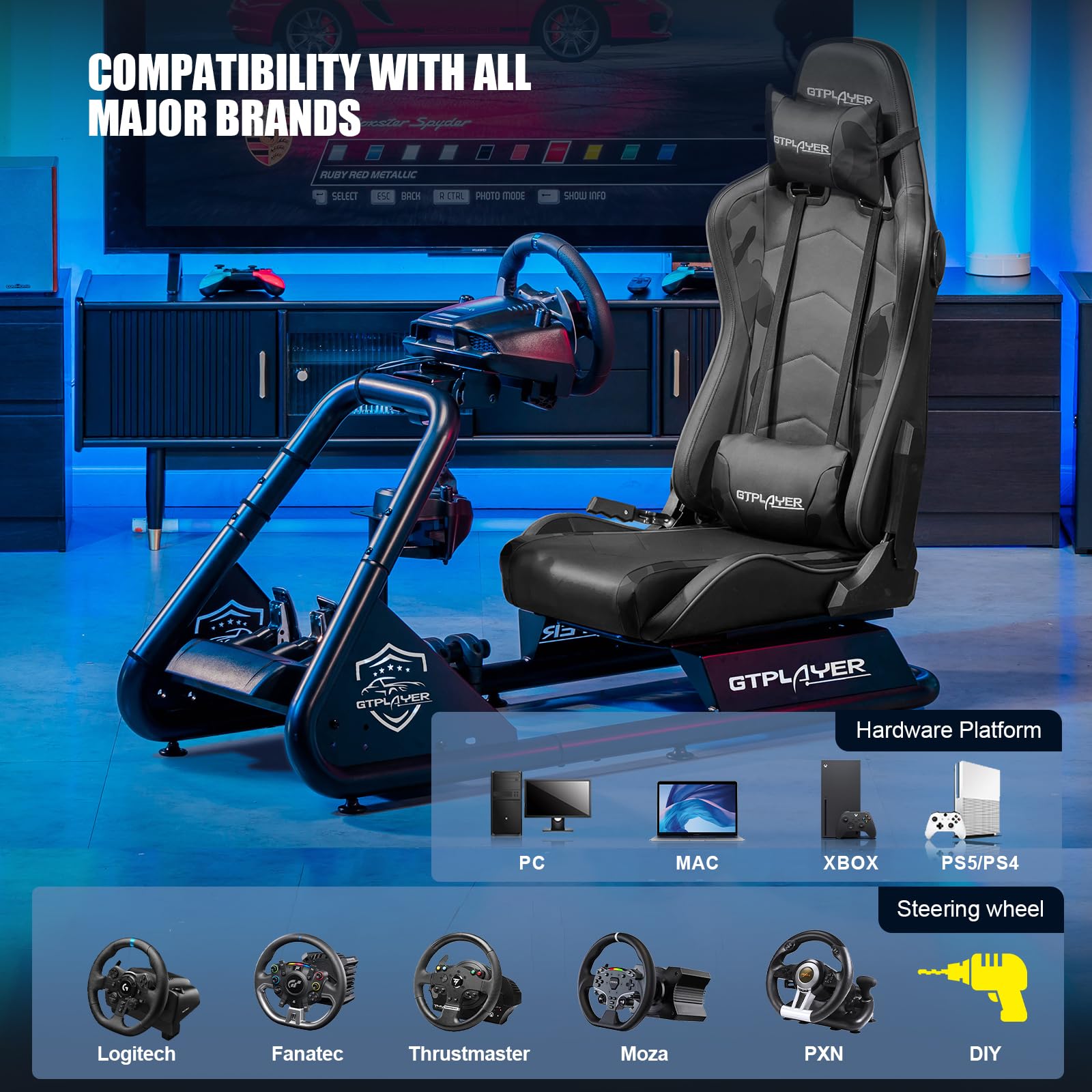 GTPLAYER Racing Simulator Cockpit with Adjustable Seat & Built-in Bluetooth Speakers - Ultra-Sturdy Alloy Steel Frame Racing Chair for PC/PS4/PS5/Xbox Gaming - Perfect for Home Racing Simulation & Esports Training (Camouflage Design)