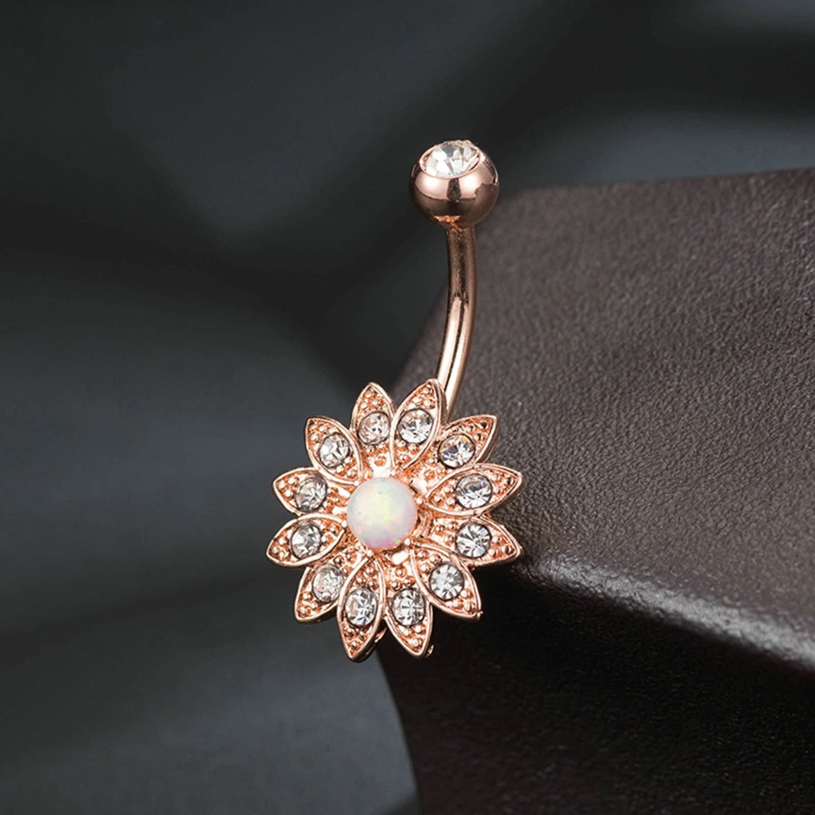 Rose Gold 14G Belly Button Ring for Women - White Cubic Zirconia Flower Design Body Jewelry - Perfect for Beach Parties, Summer Vacations & Casual Outfits