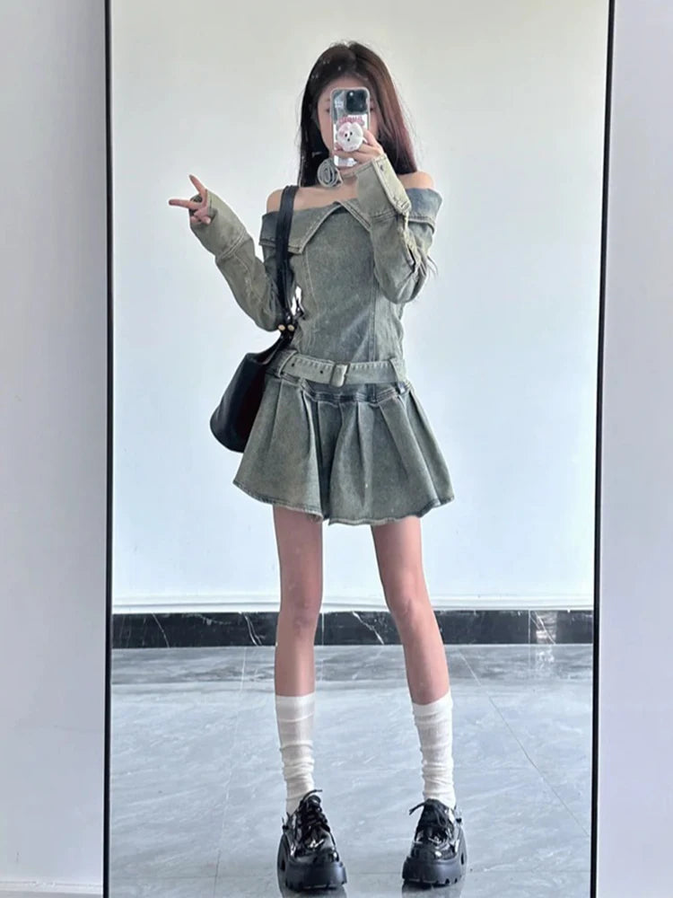 Vintage Chic Slash Neck Long Sleeve Mini Denim Dress for Women - Washed Casual Spring Fashion - Perfect for Date Night, Brunch & Weekend Outings