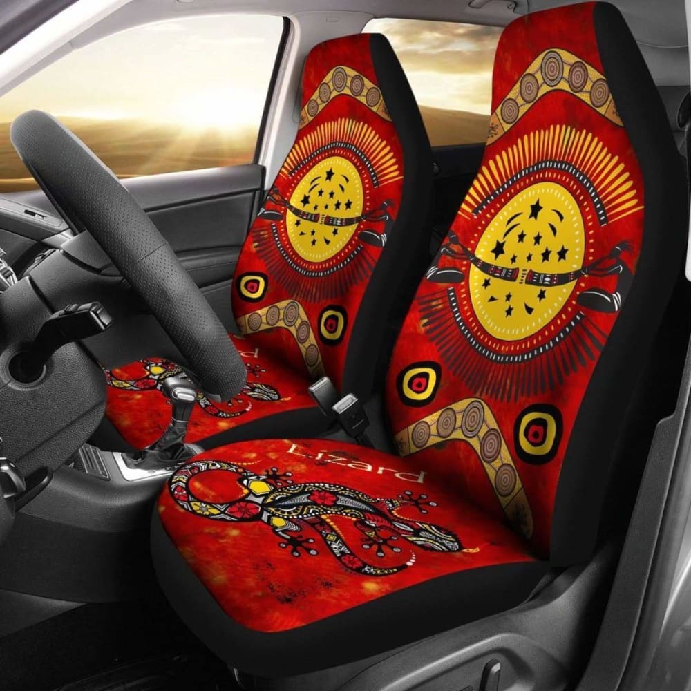 Premium Car Seat Covers - Stylish Lizard & Boomerang Pattern (Set of 2) | Universal Fit for Cars, Trucks & SUVs | Waterproof & Easy to Clean | Perfect for Road Trips, Daily Commute & Pet Protection