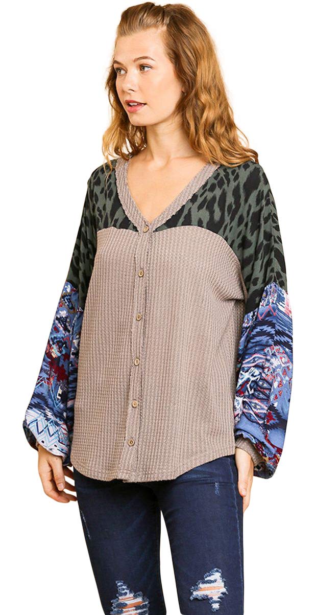 Umgee USA Women's Aztec & Animal Print Button Front Waffle Knit Top - Stylish Casual Blouse for Work, Date Night & Fall Outfits
