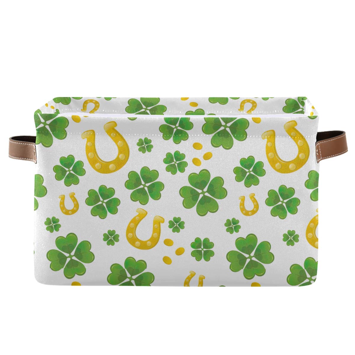 HESLING 2-Pack Large Square Collapsible Storage Baskets with Handles - Waterproof Laundry Organizer for Clothes, Toys & Home Organization - Green Four Leaf Clover Design - Perfect for Bedroom, Closet & Bathroom Storage