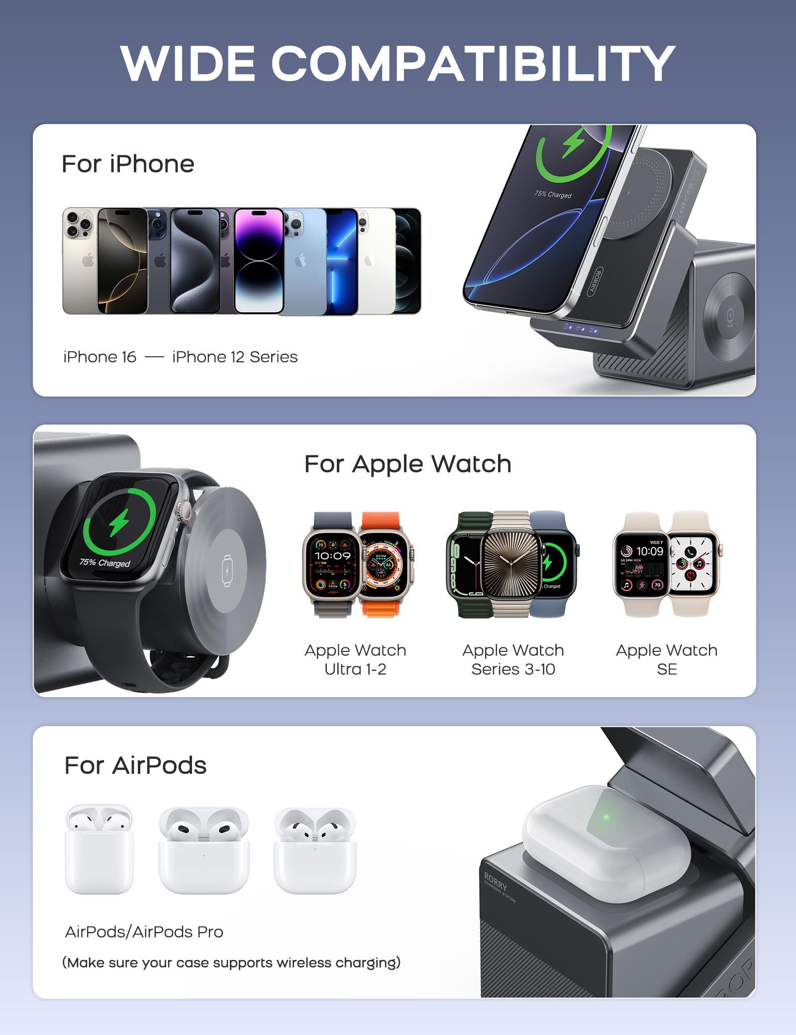 RORRY 3-in-1 Magnetic Wireless Charging Station with 10000mAh Power Bank - Compatible with iPhone 16/15/14/13/12, Apple Watch Ultra 2/3/4/5/6/7/8/9/10 & AirPods - Fast Charging Stand for Home, Office & Travel (Metallic Gray)