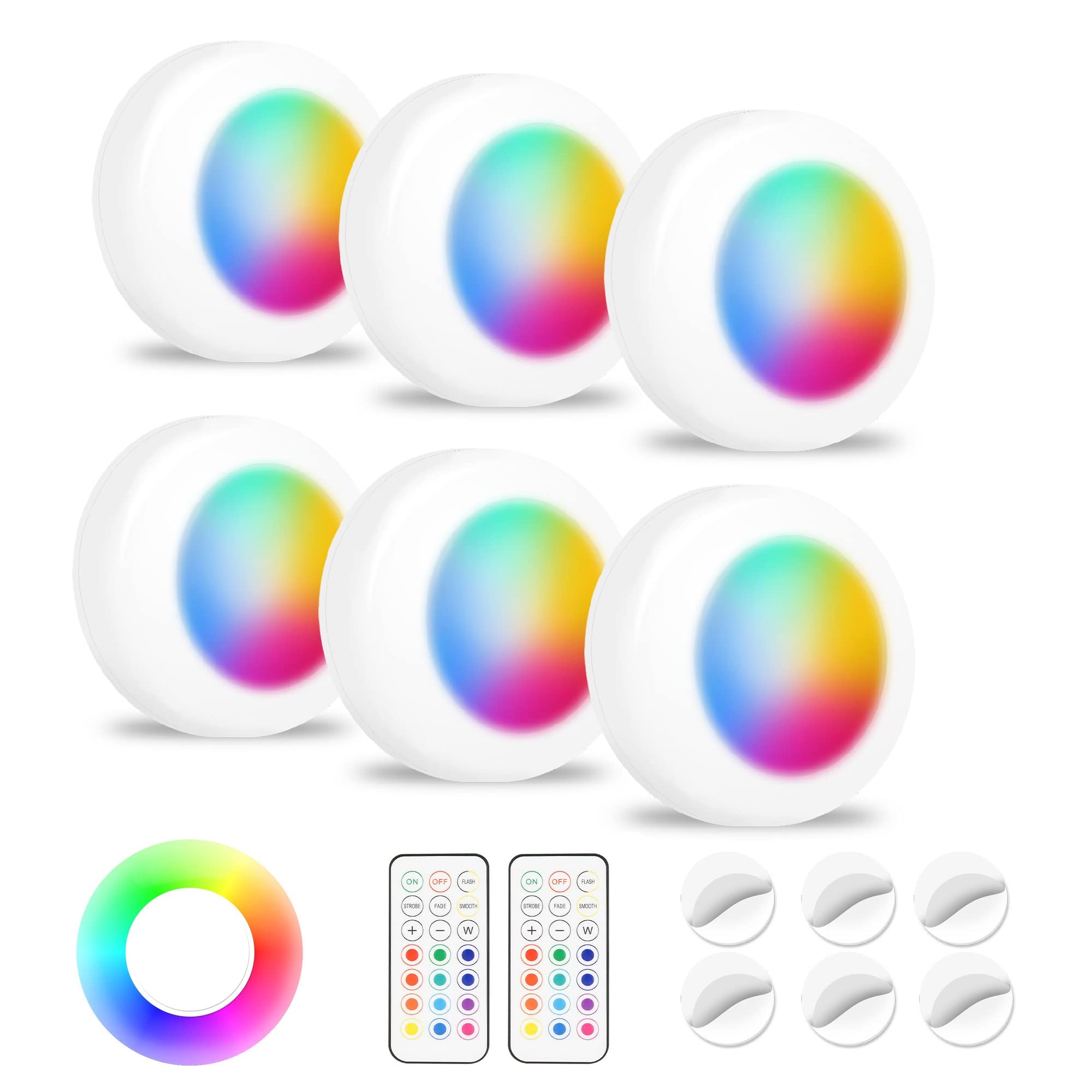 6Pcs Color Changing LED Puck Lights with Remote - Dimmable Wireless Closet Lights for Wall, Bedroom, Kitchen Decor | Battery Operated with 5 Modes & 2 Remotes | Perfect for Home, Party, and Holiday Lighting
