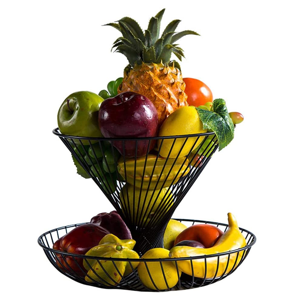 SETSCZY 2-Tier Wrought Iron Fruit Basket - Double Layer Metal Cake Tray for Snacks, Bread & Vegetables | Rustic Tabletop Display for Kitchen, Dining Room & Party Serving