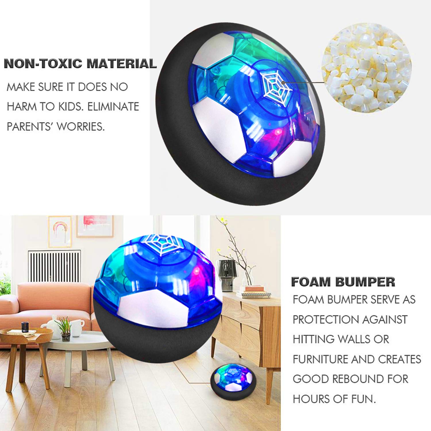 **TURNMEON 2 Pack Rechargeable Hover Soccer Ball with LED Lights & Foam Bumper - Indoor Floating Soccer Toy for Kids, Boys & Girls - Perfect Holiday, Valentine's Day Gift (Black) - Fun for Playrooms, Birthday Parties & Backyard Games**