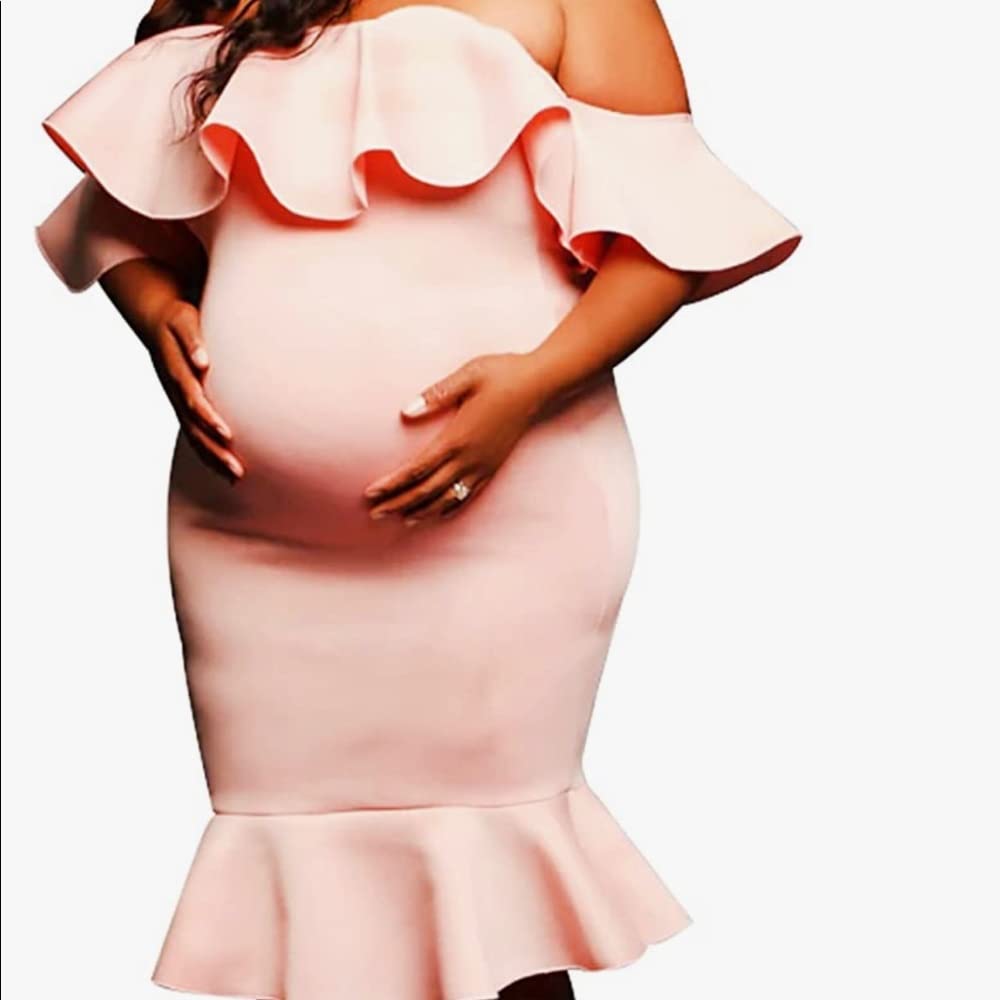 Elegant Off The Shoulder Maternity Dress for Baby Shower - Summer Bodycon Mermaid Midi Dress with Ruffle Short Sleeves for Women | Perfect for Pregnancy Photos, Bridal Showers & Special Occasions