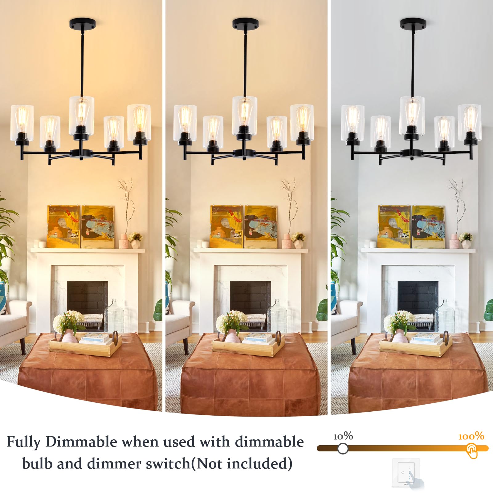 Black Farmhouse Chandelier - 5-Light Industrial Ceiling Pendant with Clear Glass Shades for Dining Room, Living Room, Bedroom, Kitchen & Foyer | Rustic Home Lighting Fixture for Modern Farmhouse Decor