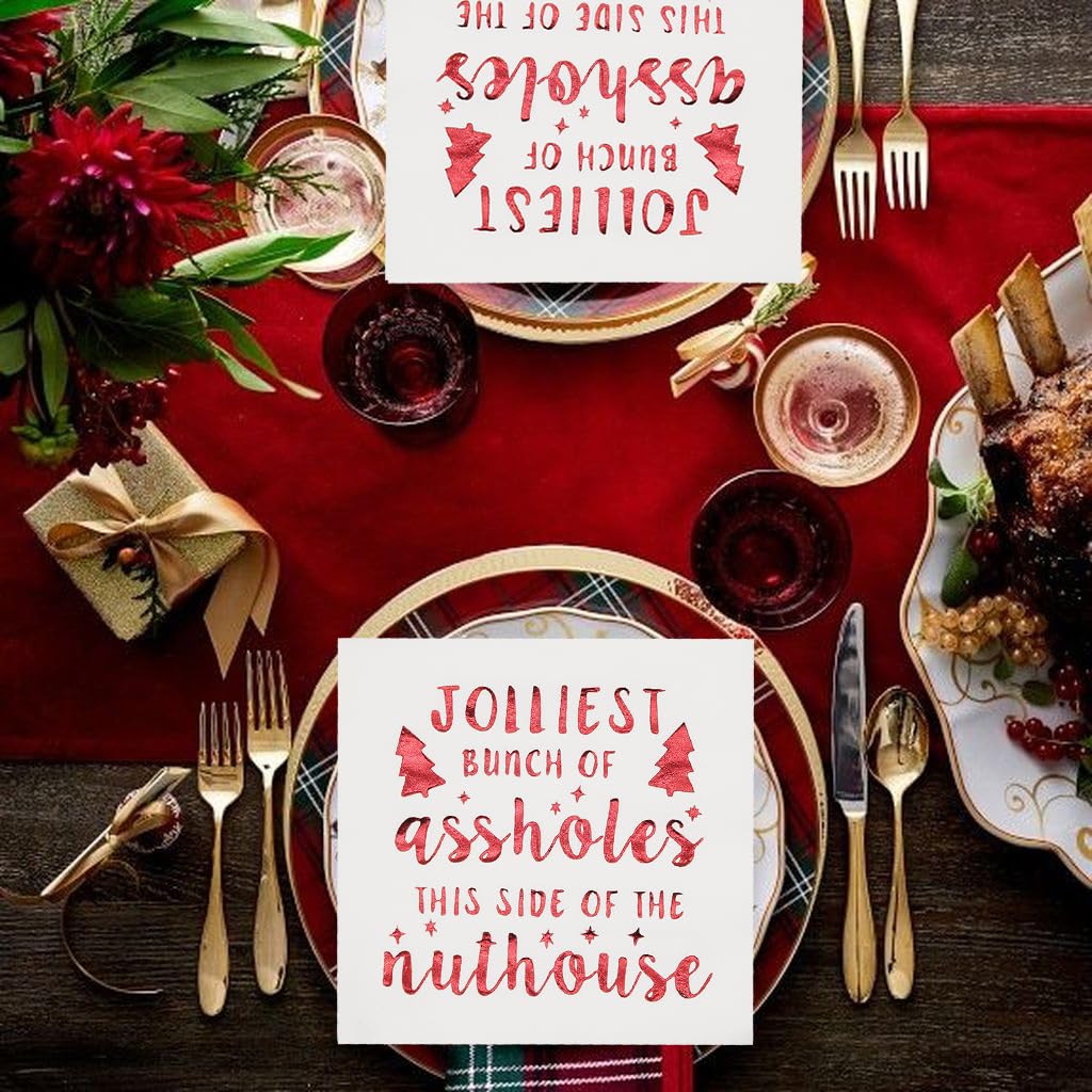Jolliest Bunch of A-Holes Christmas Napkins - 50-Pack Red Foil 5x5 Inch Holiday Party Napkins | National Lampoon's Christmas Vacation Themed Decor | Perfect for Xmas Parties, Family Gatherings & Festive Decorations