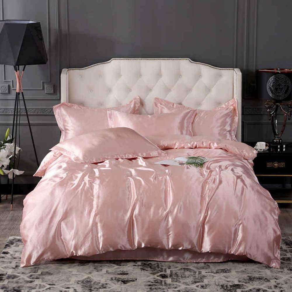 Luxury 100% Silk Satin King Size Bedding Set - Pink Solid Color 4-Piece Bedspread with Pillowcases & Flat Sheet | Elegant Euro Decor for Master Bedroom & Guest Room | Soft & Breathable for All Seasons
