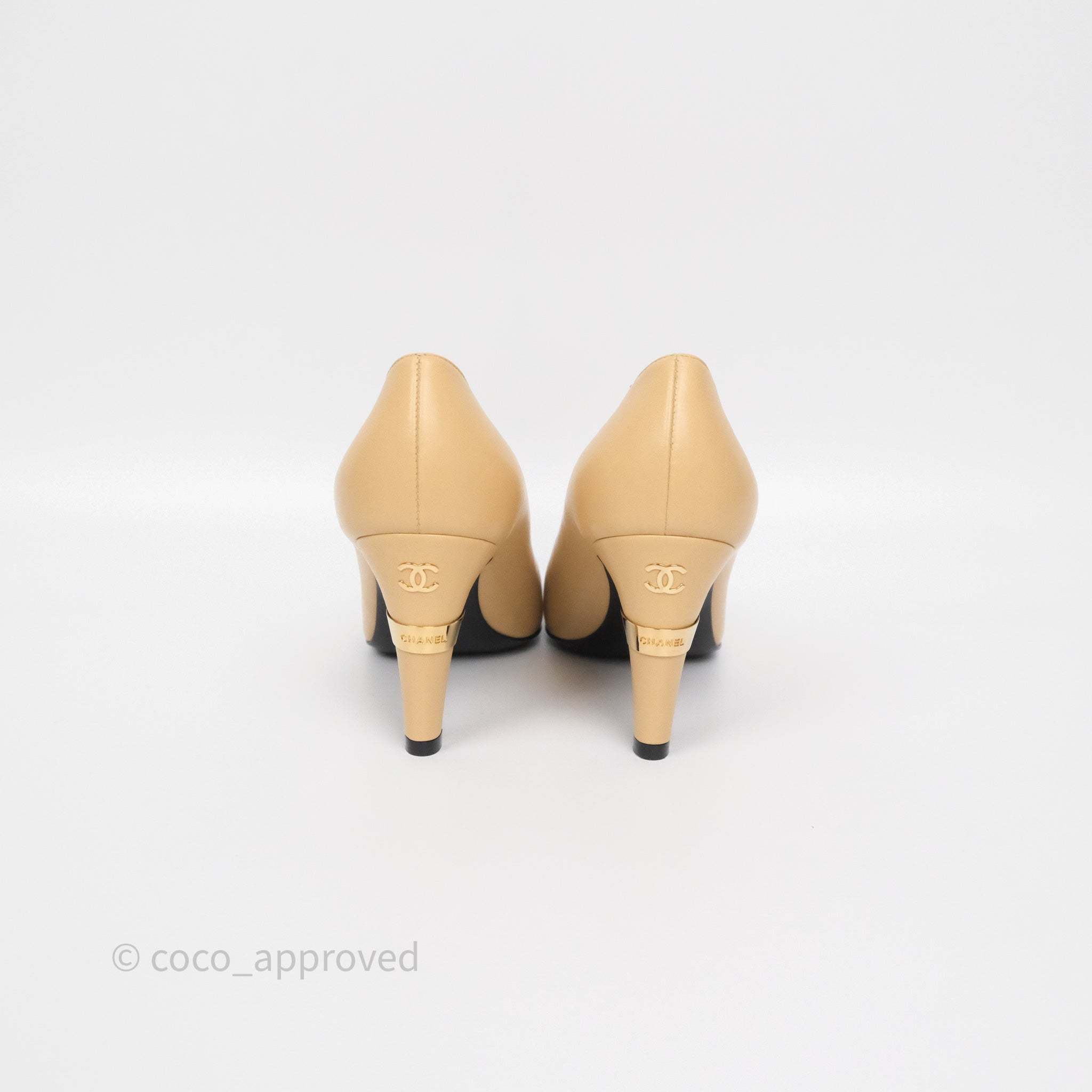 Chanel Beige Pointed Toe Black Pumps with Pearl Accent - Size 36.5C (US 6.5) - Luxury High Heels for Women, Perfect for Weddings, Parties & Formal Events