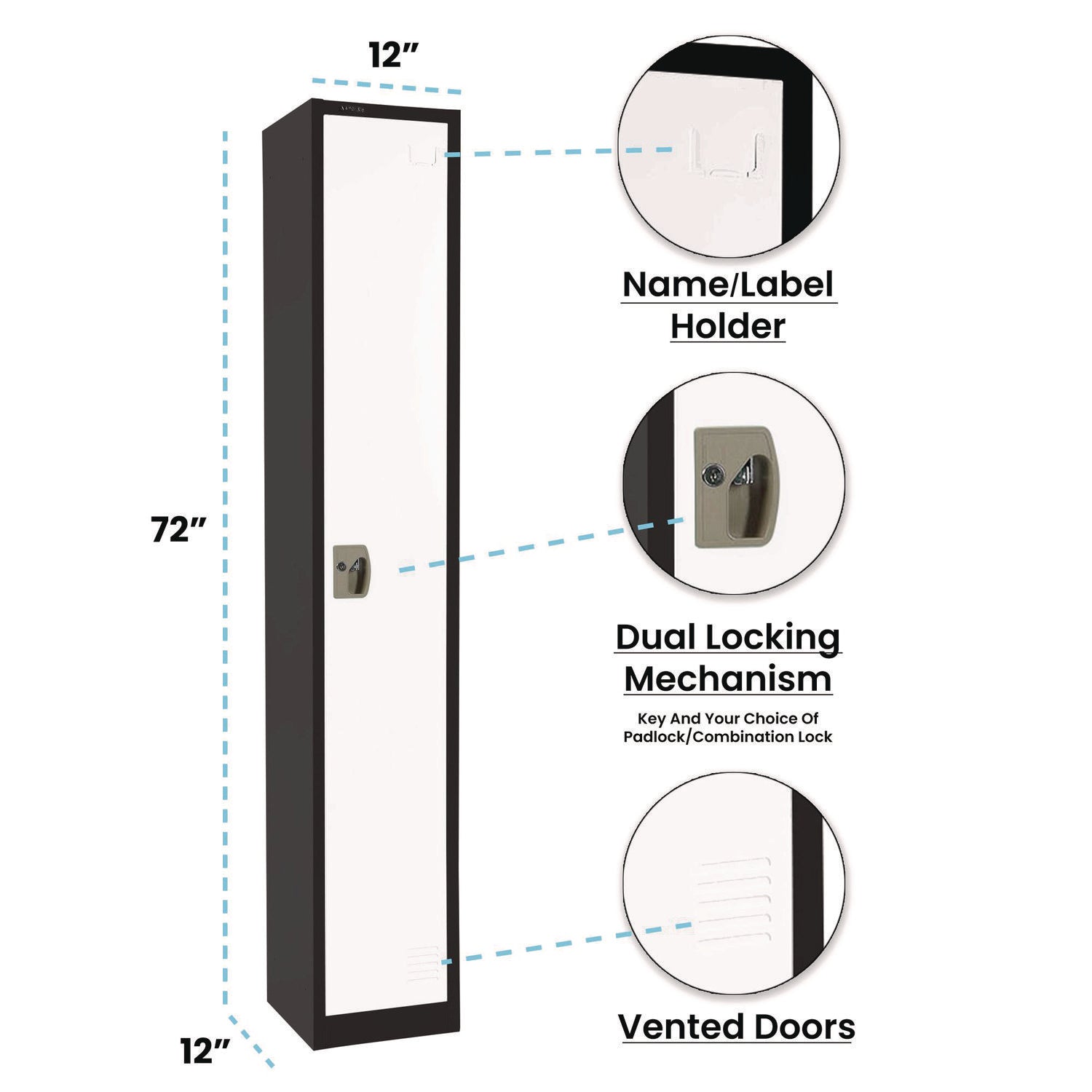 Steel Storage Locker for Office & Home - 12x12x72 Inches, 1 Compartment, Black Body with White Doors - Perfect for Gym, School, Warehouse & Locker Room Organization