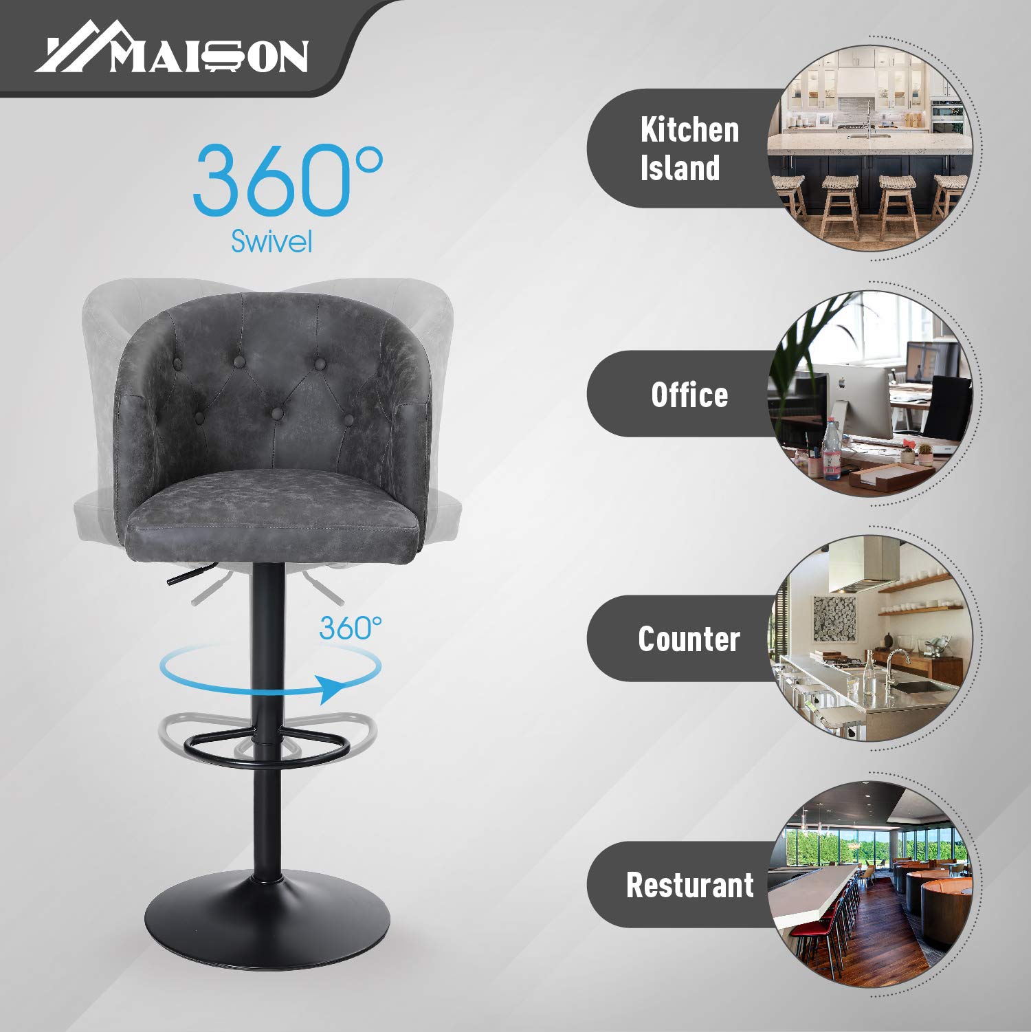 Adjustable Swivel Bar Stool with Back - 300LBS Weight Capacity, Ergonomic Mid-Back Kitchen Counter Stool for Kitchen Island, Dining Bar & Home Decor - Grey (1 Stool) - Perfect for Breakfast Nooks, Home Bars & Small Spaces