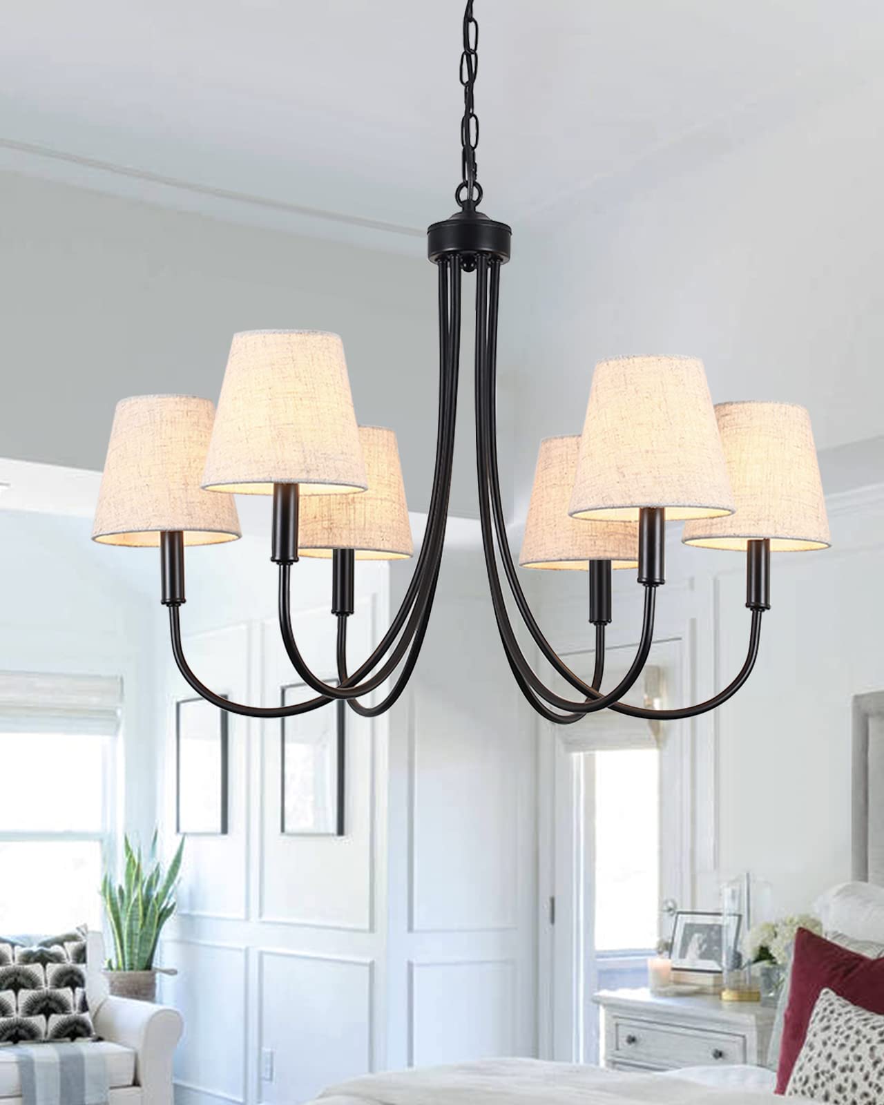 MRHYSWD 6-Light Black Modern Chandelier with Linen Shades - Classic Candle Style Pendant Lighting Fixture for Dining Room, Living Room, Bedroom, Kitchen & Foyer | Elegant Ceiling Hanging Lamp for Home Decor & Ambient Lighting