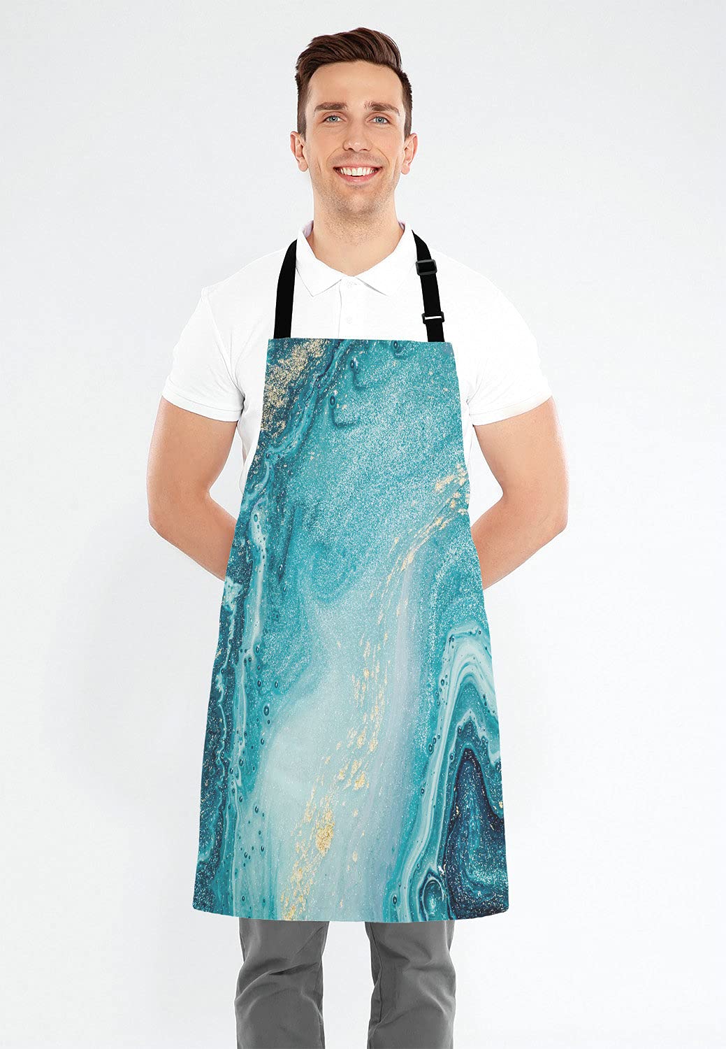 Adjustable Blue Teal Gold Marble Bib Apron for Men & Women - Chef, Cooking, Baking, BBQ, Grill, Waitress - Perfect for Home Kitchen, Restaurants & Outdoor Grilling