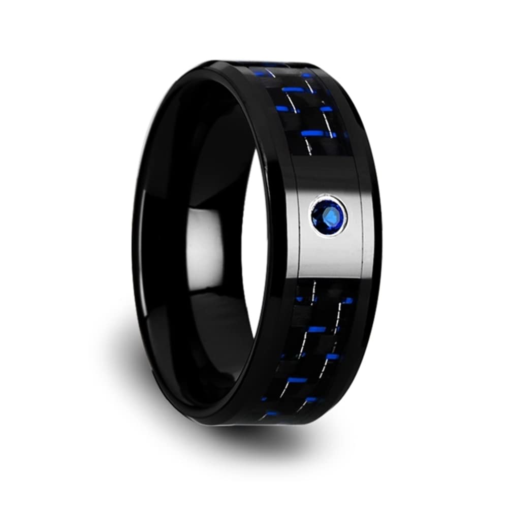 Roy Rose Jewelry Men's Black Ceramic Wedding Band with Blue Sapphire Accents - 8mm Wide Carbon Fiber Comfort Fit Ring - Perfect for Engagements, Anniversaries & Special Occasions - Style Name: Odell