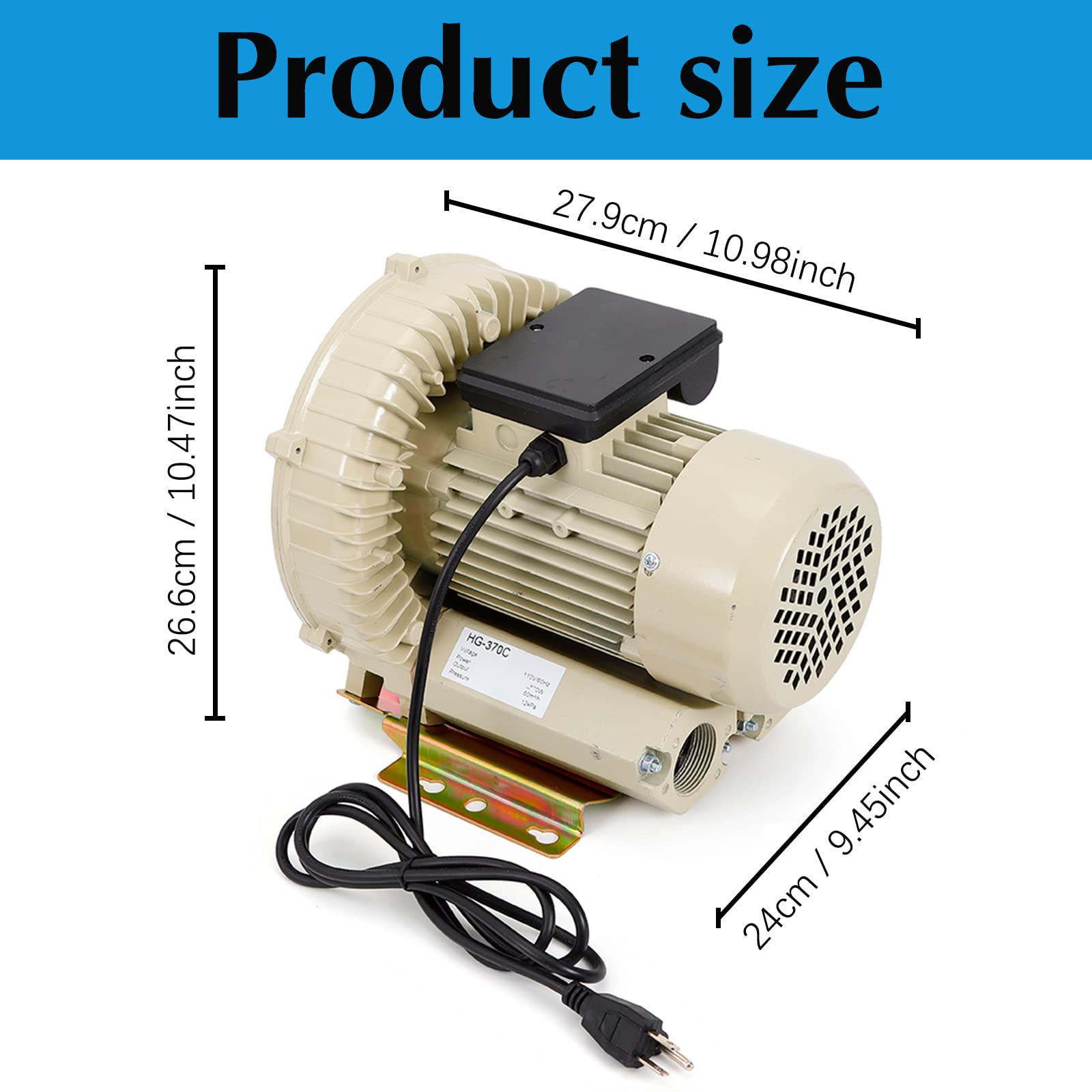 370W High Pressure Commercial Aquarium Air Pump - Industrial Aquaculture Pond Fish Tank Vortex Blower, 60m³/h Electric Air Pump for Fish Farming, Hydroponics & Oxygenation Systems | Perfect for Large Aquariums, Koi Ponds & Water Gardens