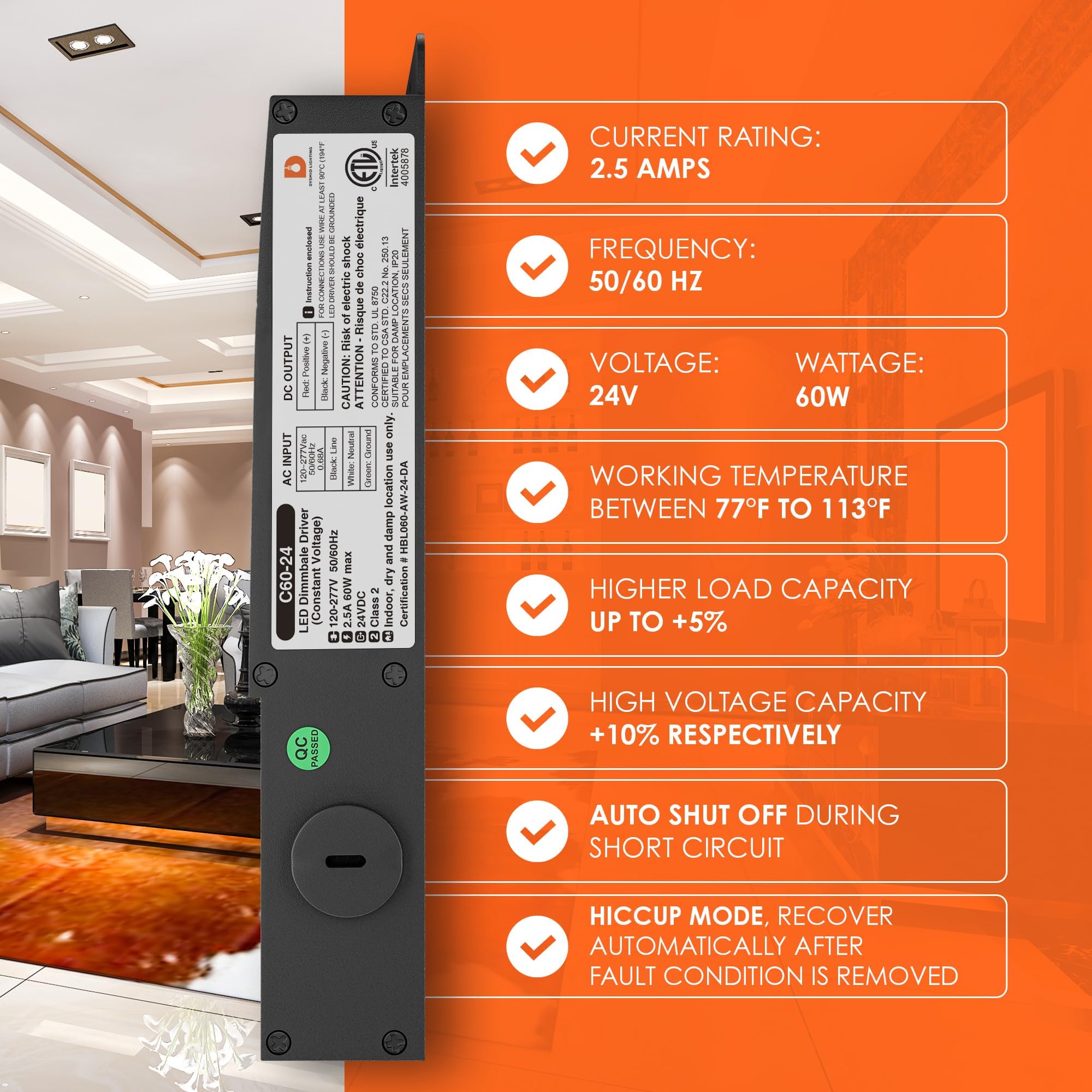24V DC 60W LED Driver - Dimmable Power Supply for LED Strip Lights, Compatible with Lutron & Leviton Dimmers | Ultra Quiet Electronic Transformer | Perfect for Home, Office & Commercial Lighting Projects
