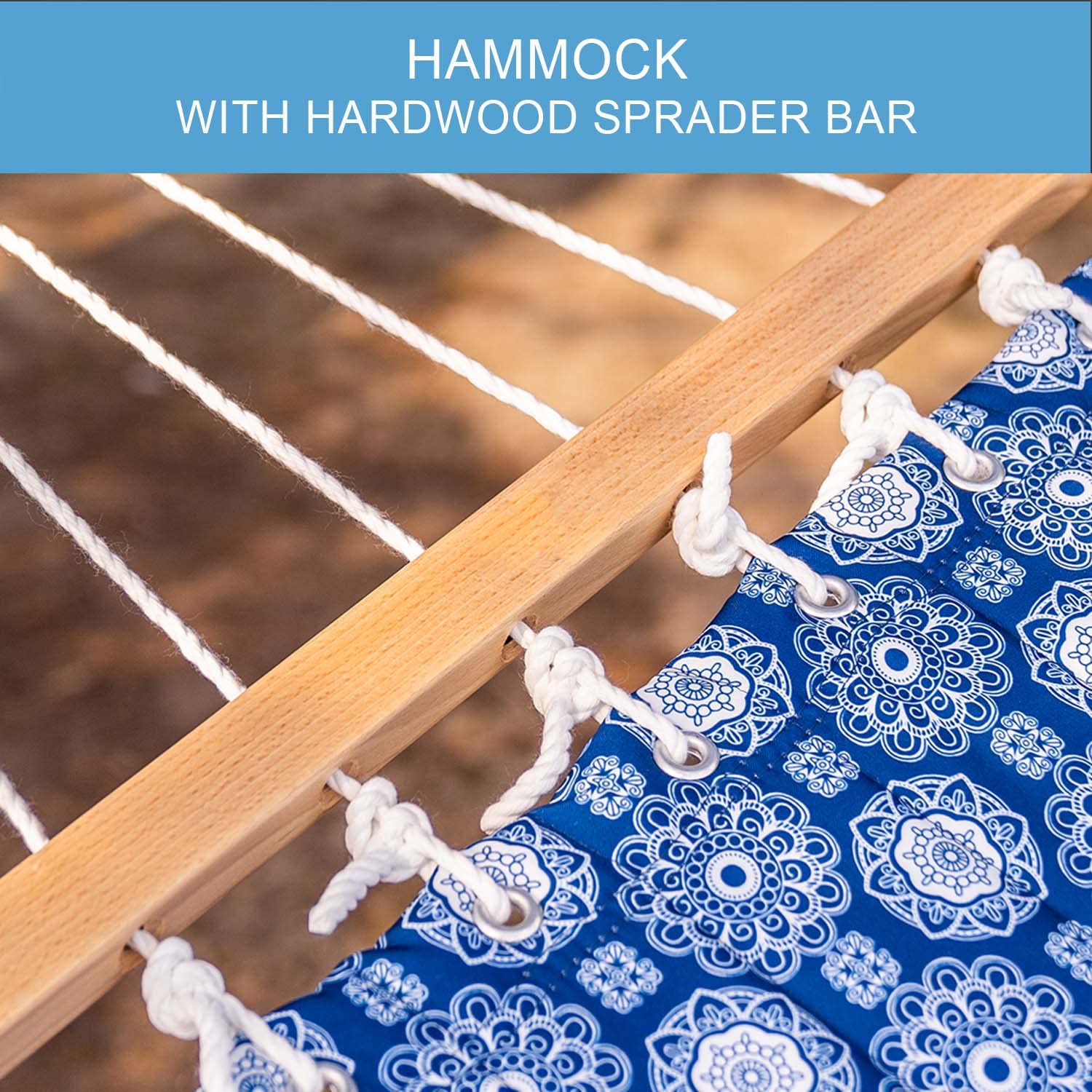 12 FT Double Quilted Fabric Hammock with Spreader Bars & Detachable Pillow - 2 Person Outdoor Hammock for Patio, Backyard, Poolside - 450 LBS Weight Capacity - Blue Floral Design - Perfect for Relaxing, Camping, Beach Trips & Backyard Lounging