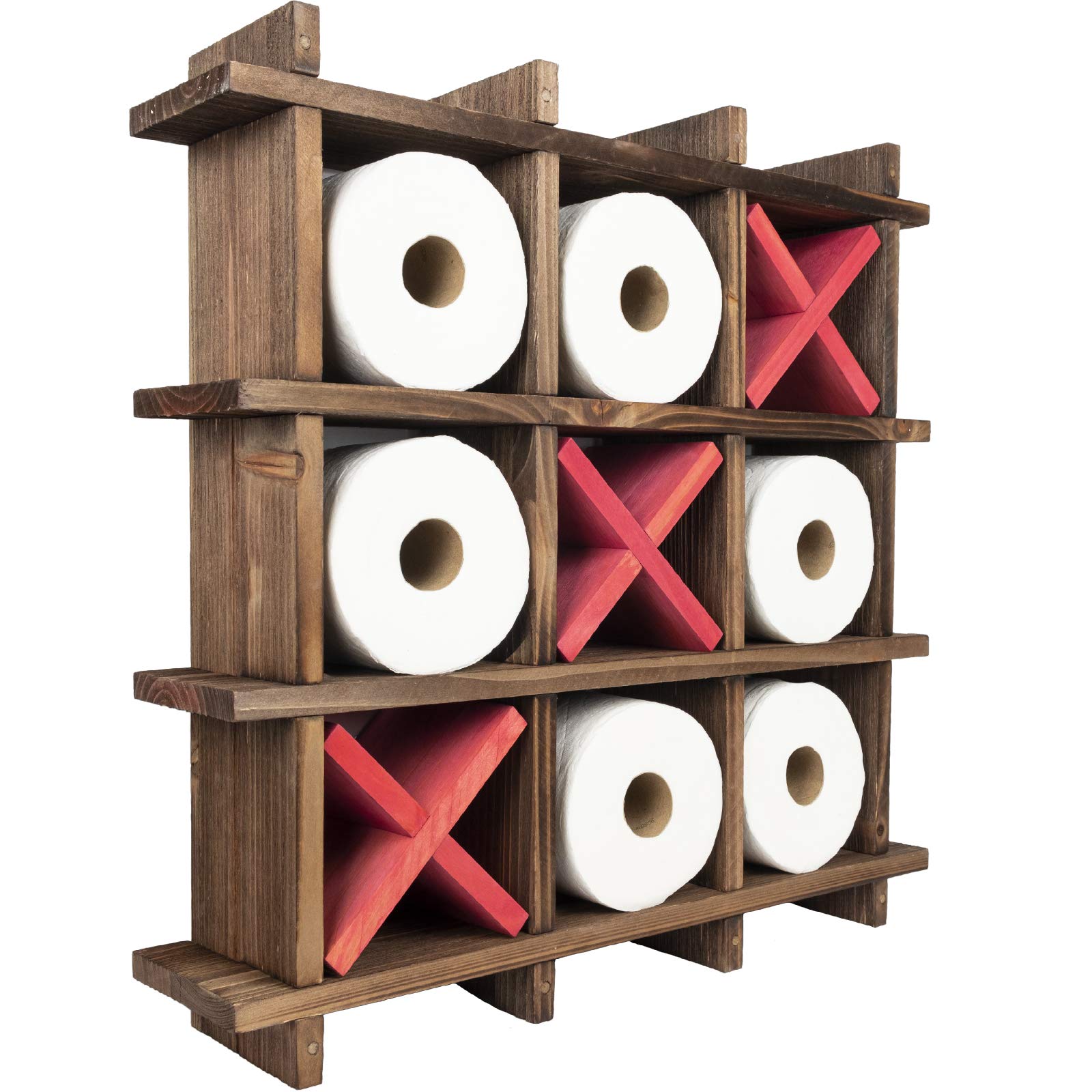 EXCELLO GLOBAL Rustic Wooden Toilet Paper Holder - Wall Mount or Freestanding Bathroom Tissue Roll Organizer with Tic Tac Toe Design | Perfect for Farmhouse, RV & Small Space Bathroom Decor