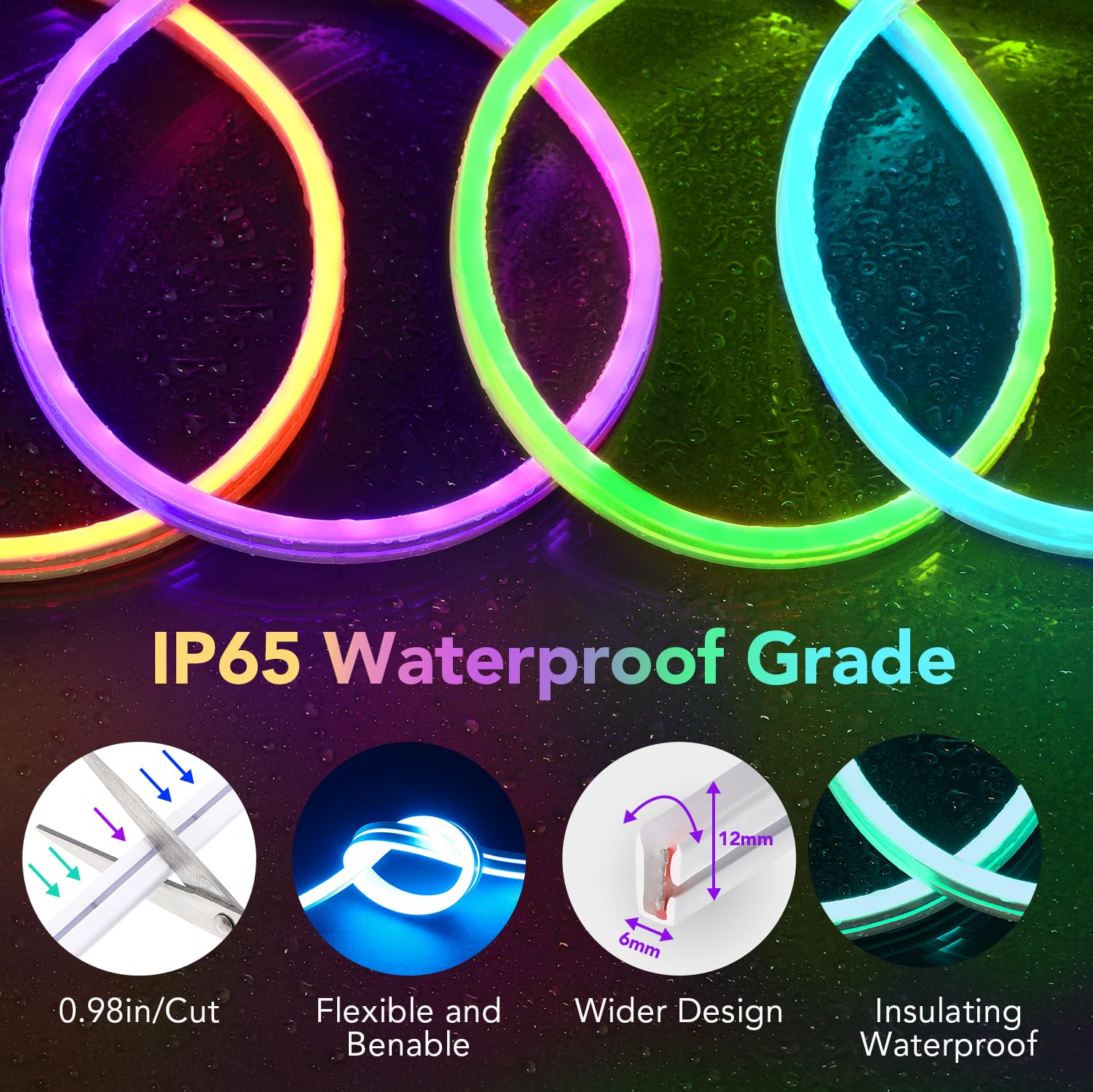 16.4Ft RGB LED Strip Lights with App Control & Music Sync - Waterproof Flexible Neon Rope Lights for Bedroom, Home Decor (Indoor Use) - Perfect for Parties, Gaming Rooms & Mood Lighting