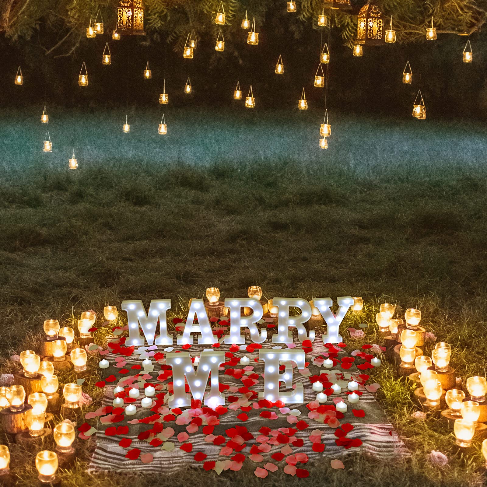 LED Light Up Marry Me Sign - Proposal Decor with Rose Petals & 24 LED Candles - Romantic Wedding Engagement Valentine's Party Decorations - Perfect for Surprise Proposals, Anniversary Celebrations & Romantic Nights