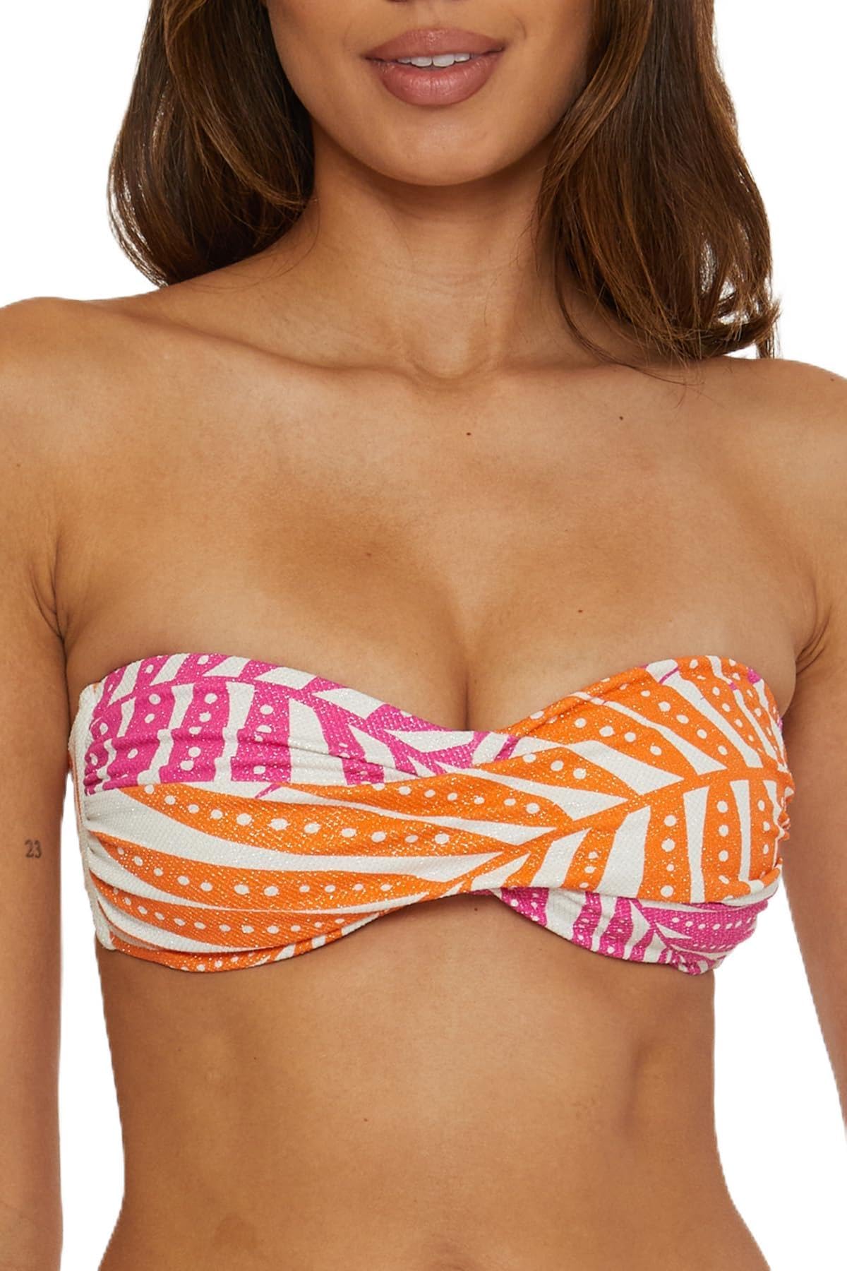 Trina Turk Women's Adjustable Tie Back Bandeau Bikini Top - Tropical Palm Leaf Print Swimwear for Beach Vacation & Pool Party