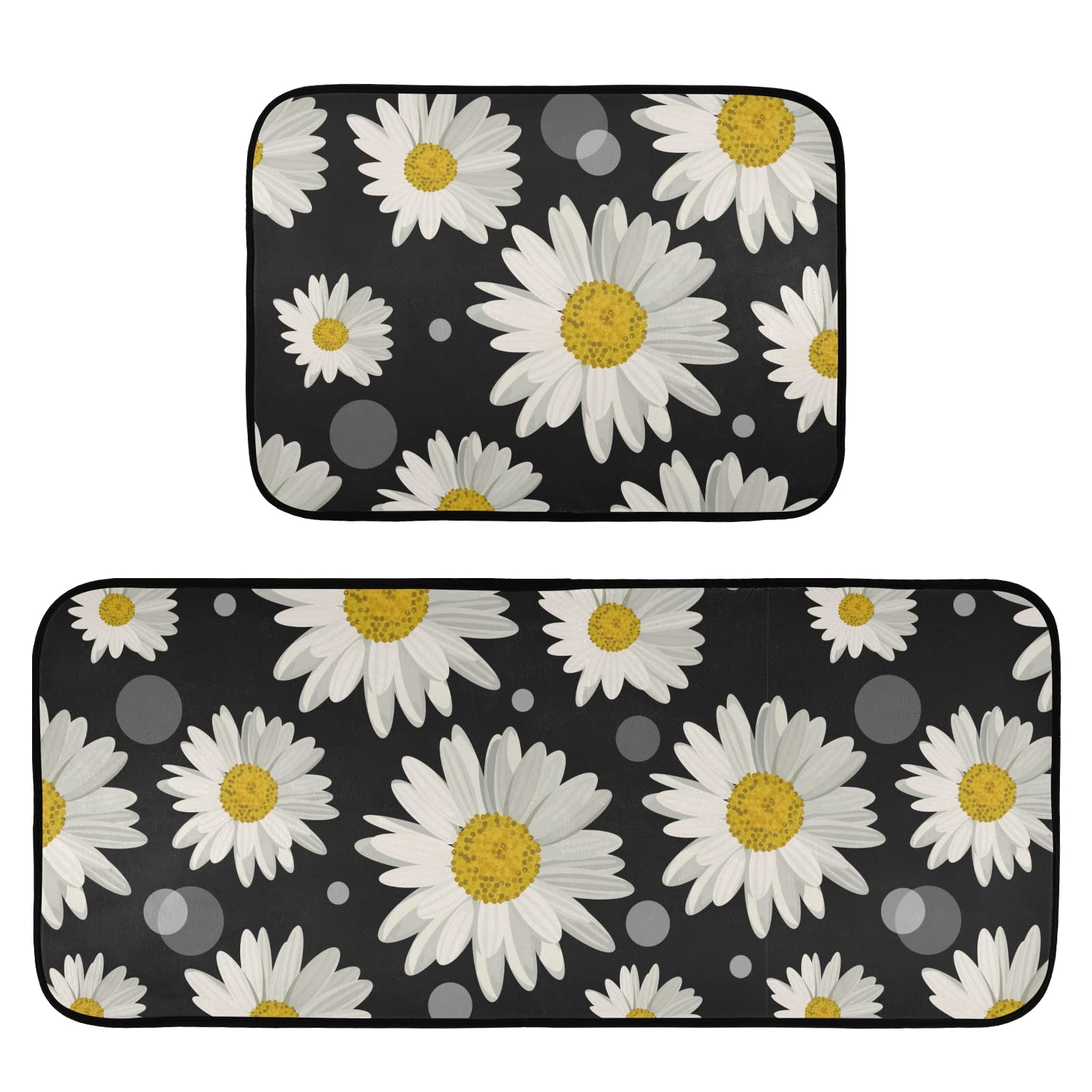 Black Daisy Kitchen Mat Set - 2 Anti-Fatigue Washable Rugs for Standing Comfort in Home & Laundry