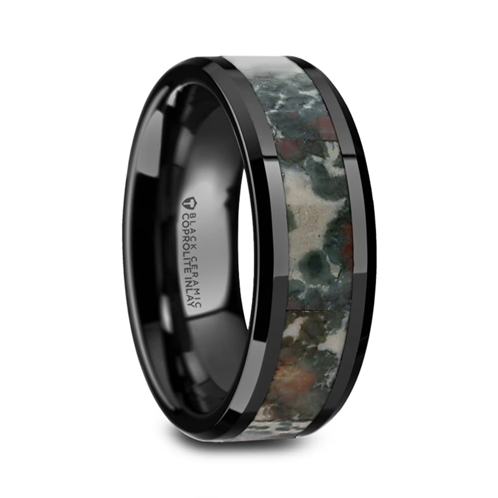 Men's Black Ceramic Beveled Wedding Band with Coprolite Fossil Inlay - 8mm Wide Comfort Fit Ring - Protoceratops Style - Perfect for Weddings, Anniversaries & Unique Gifts