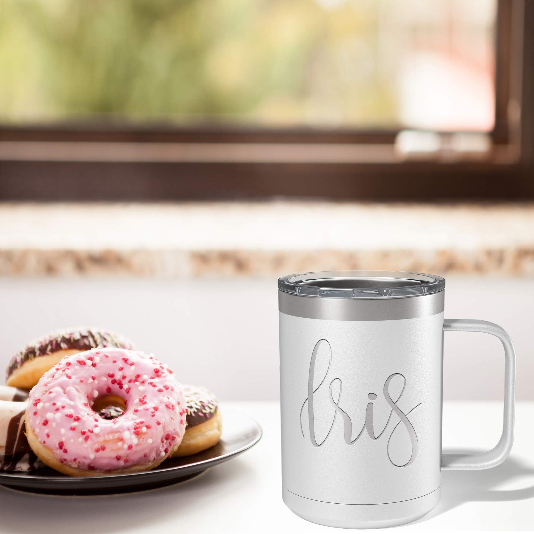 Custom Engraved 15 oz White Matte Stainless Steel Vacuum Insulated Coffee Mug - Personalized Gift with Handle for Office, Home & Travel Use